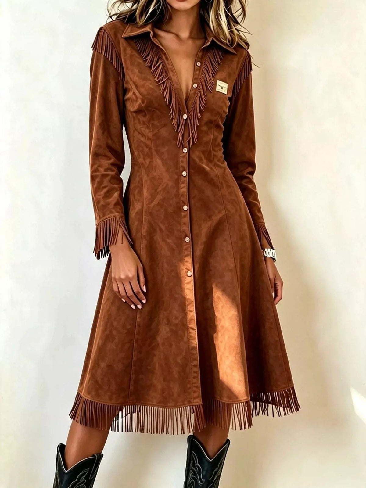 Long Fringe Button-Front Jacket in brown, front view