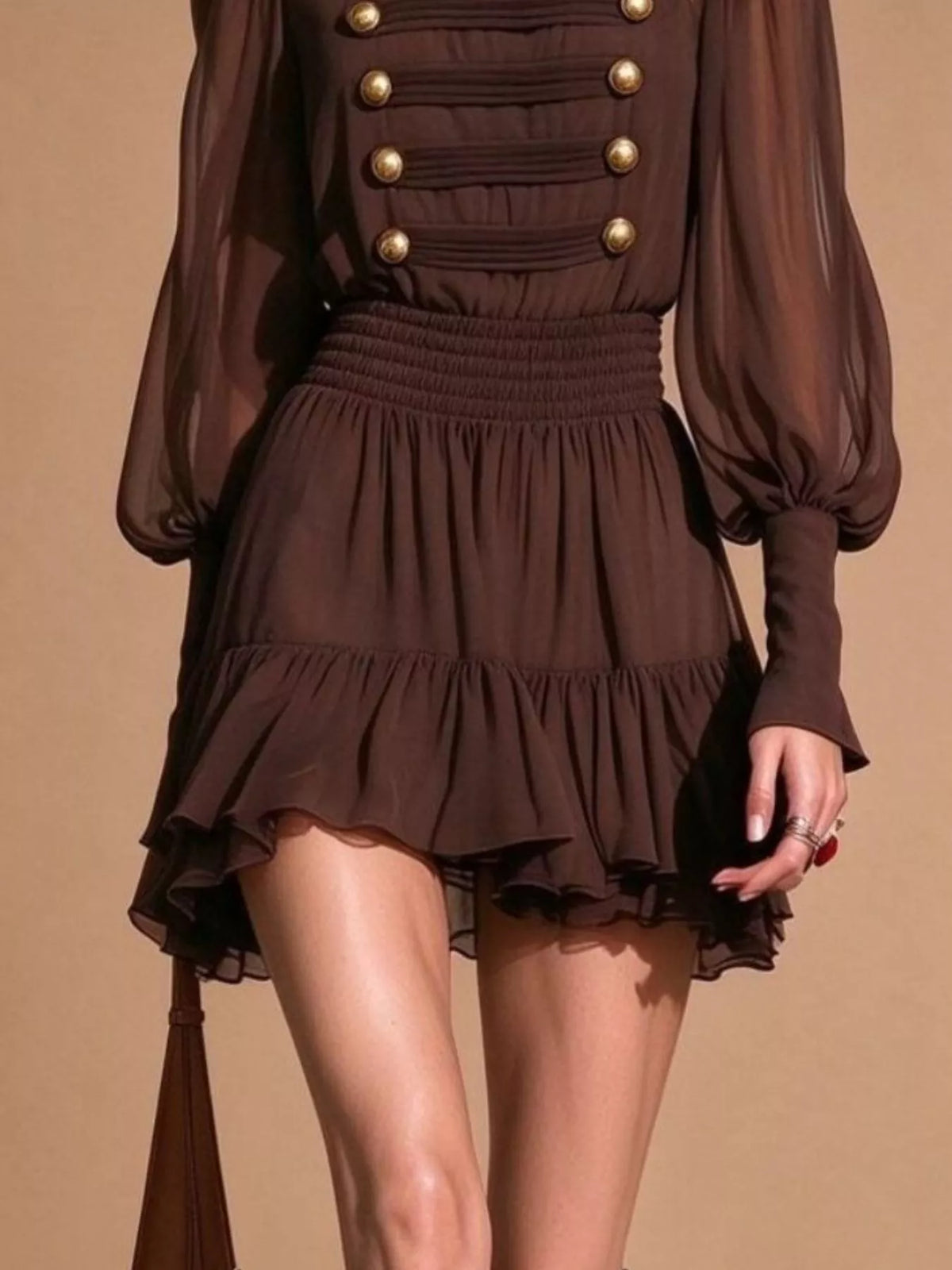 Brown ruffled chiffon mini dress, ruffled skirt detail