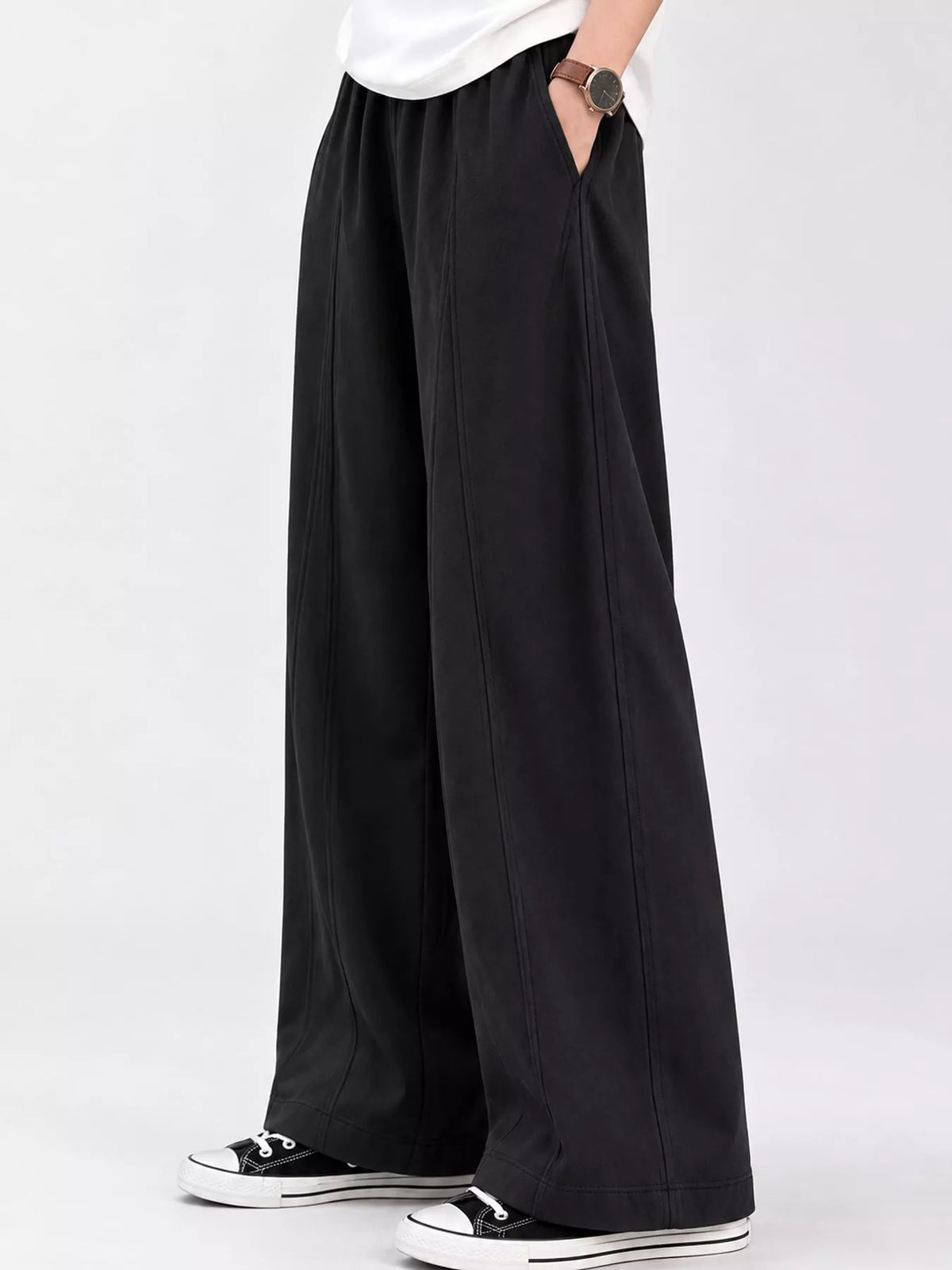 Black wide leg casual pants, front view