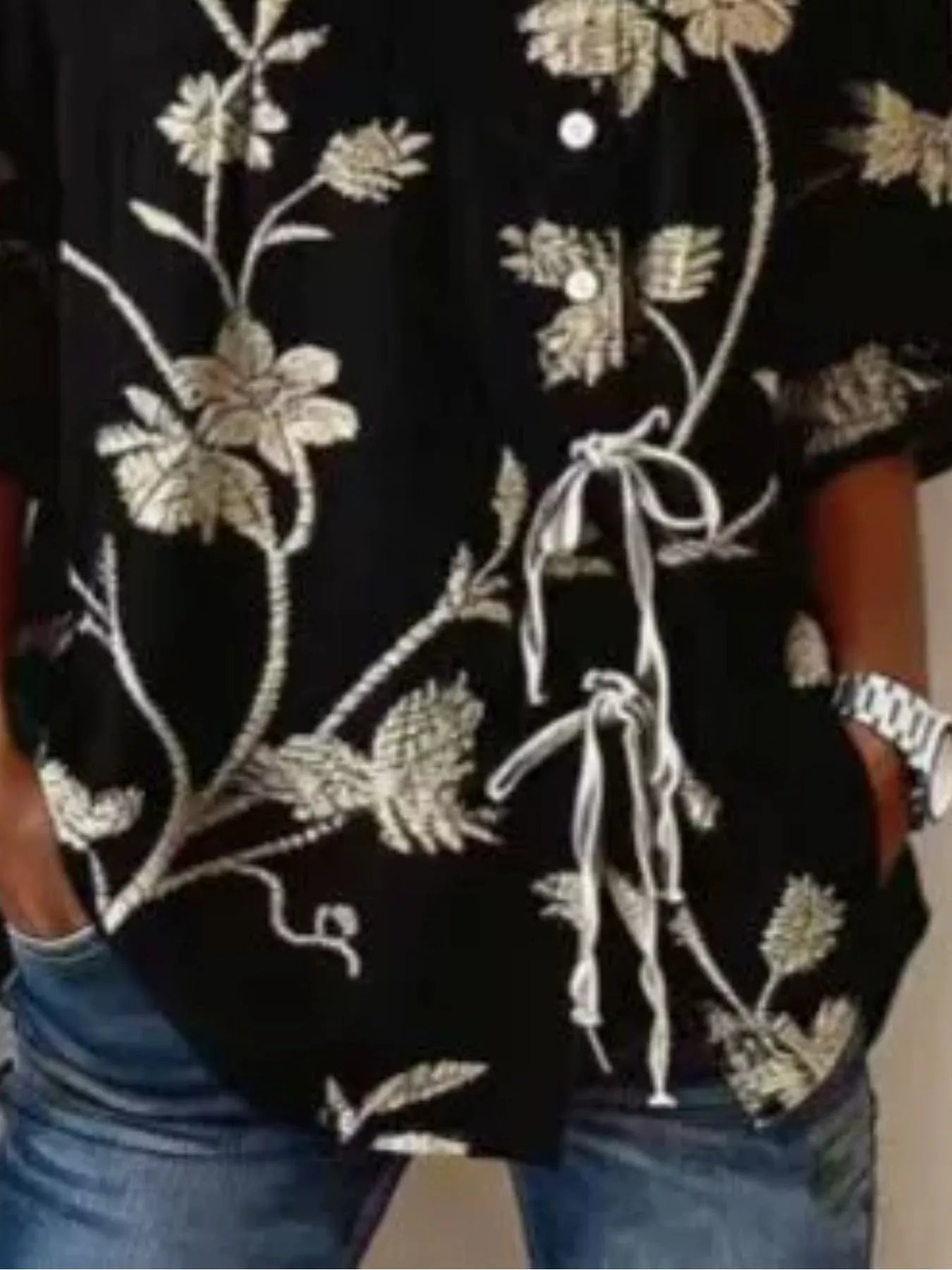 Trendsi Full Size Embroidered Floral Tie Front Shirt Plus Size -