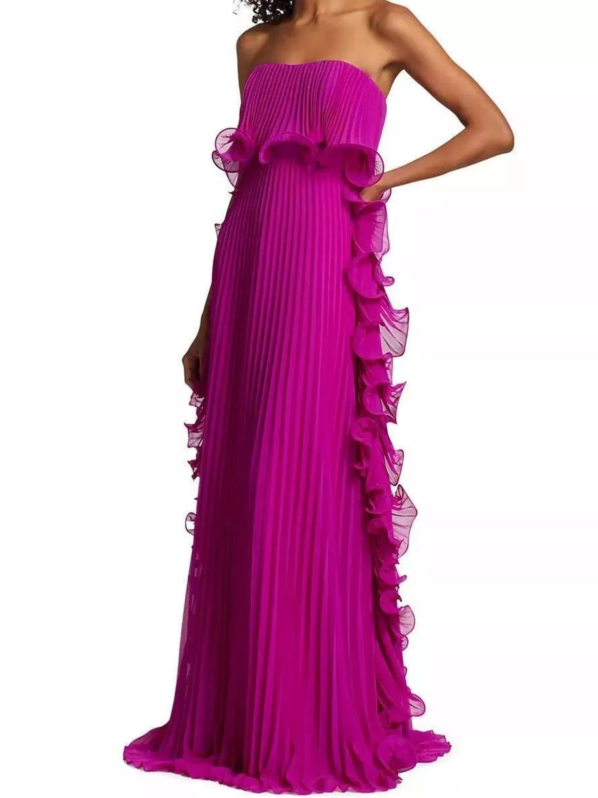 Ruffled Strapless Pleated Maxi Dress — front view