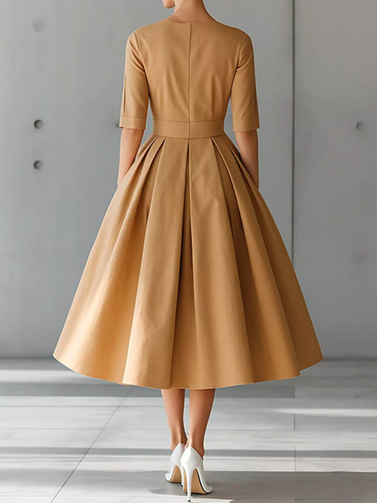 Round neck short sleeve midi dress, back view