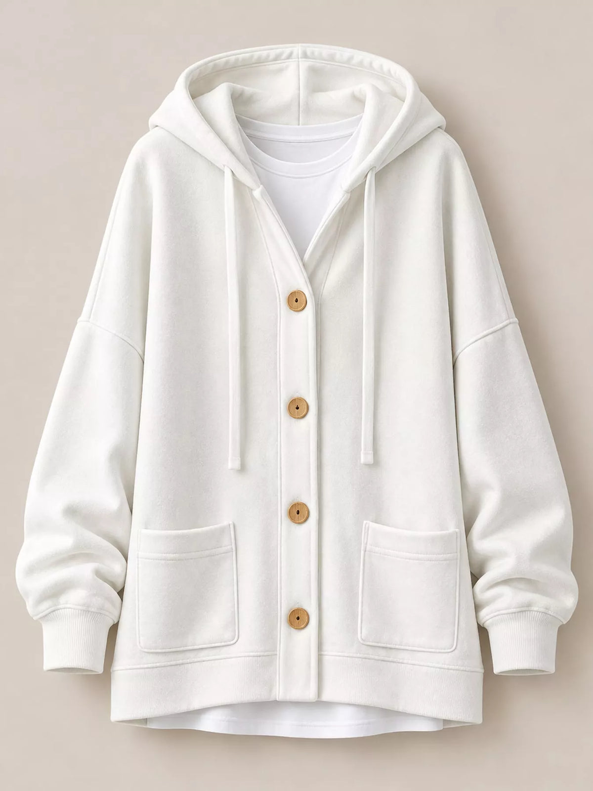 White velvet dropped shoulder hoodie, front view