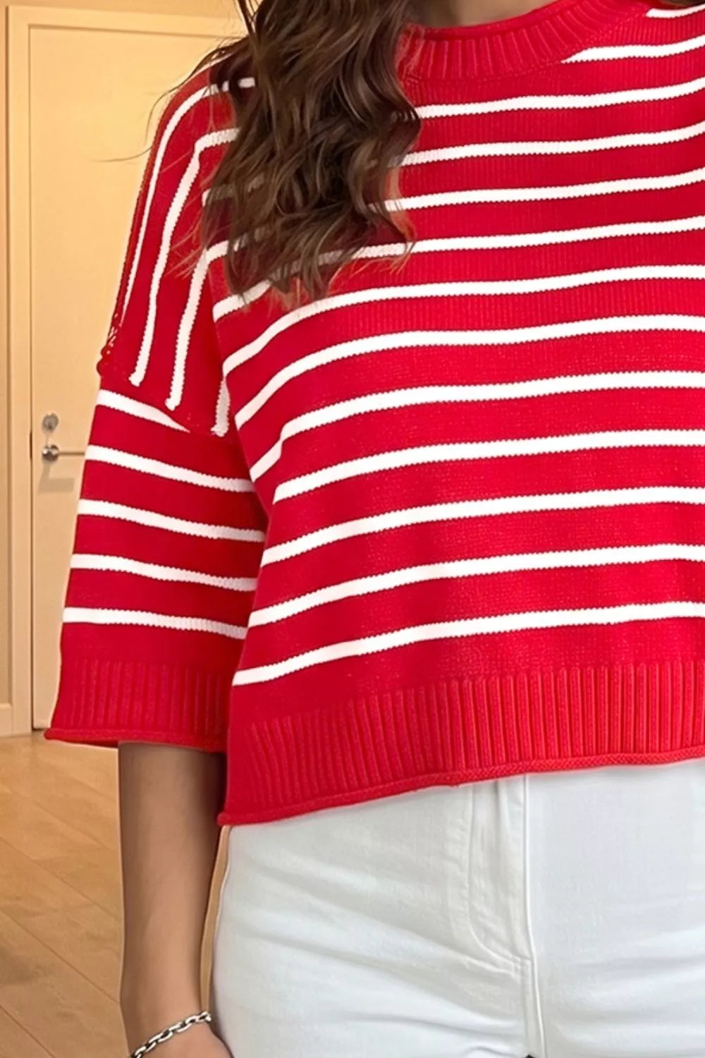 Trendsi Stripe Dropped Shoulder Half Sleeve Relaxed Knit Sweater -