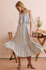 Trendsi SO ME Stripe Tiered Shoulder Tie Midi Lined Dress -