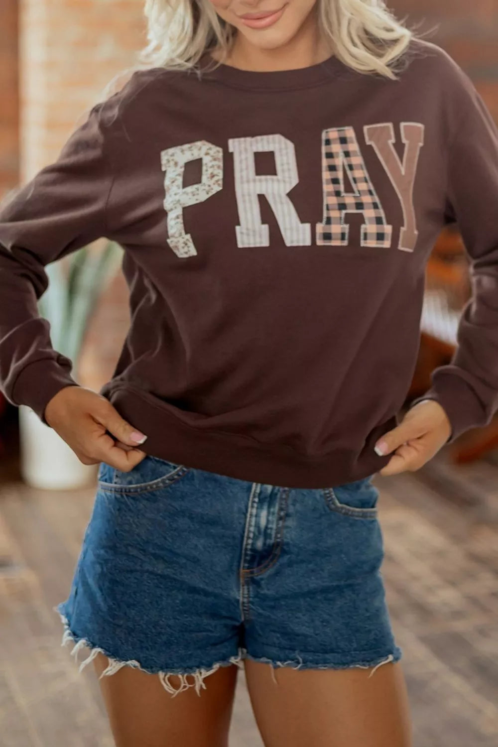 Trendsi Plaid 'PRAY' Crew Neck Sweatshirt -