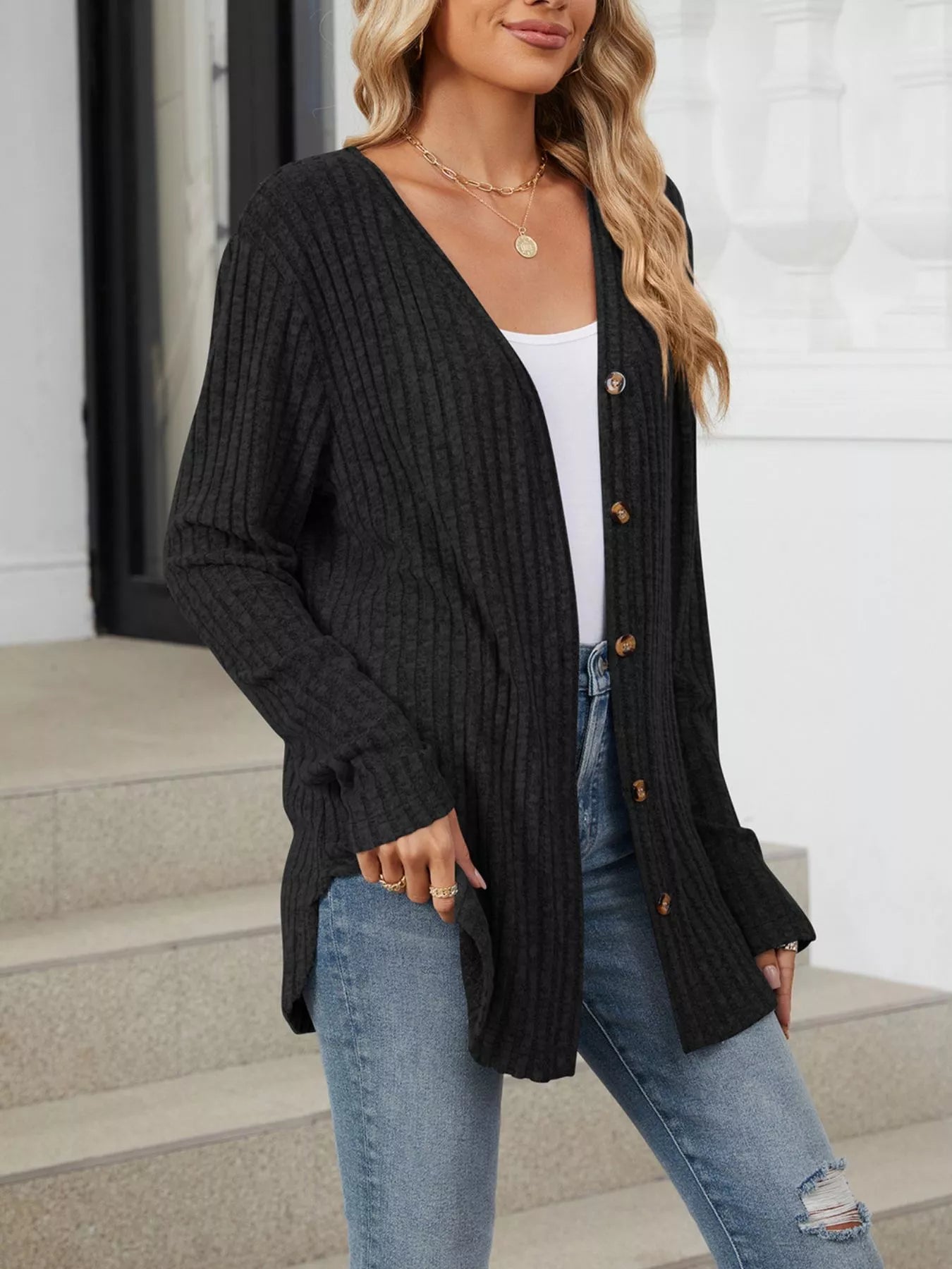 Trendsi Ribbed Button-Up Cardigan -