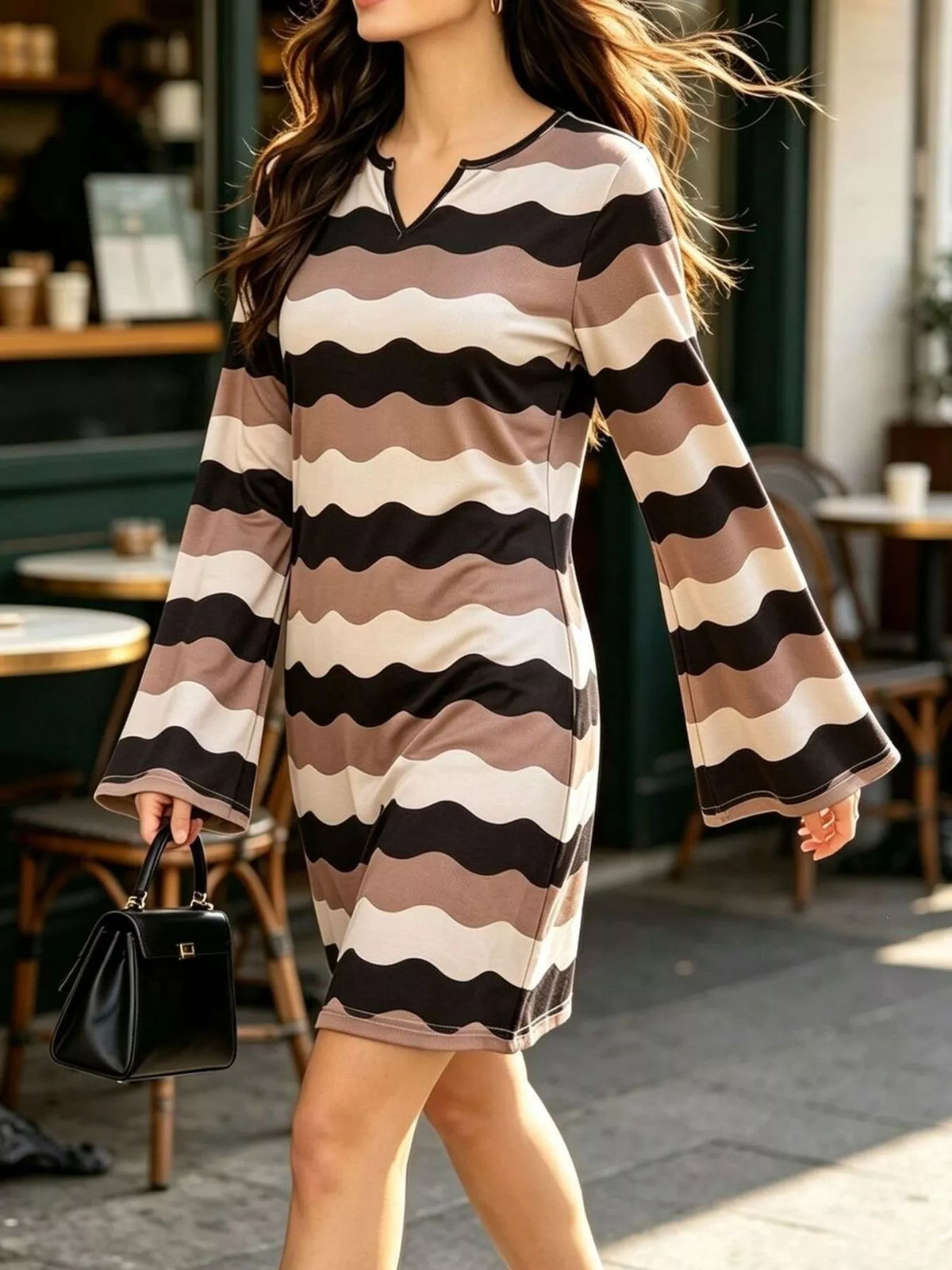 Split neck long sleeve mini dress, front view on model