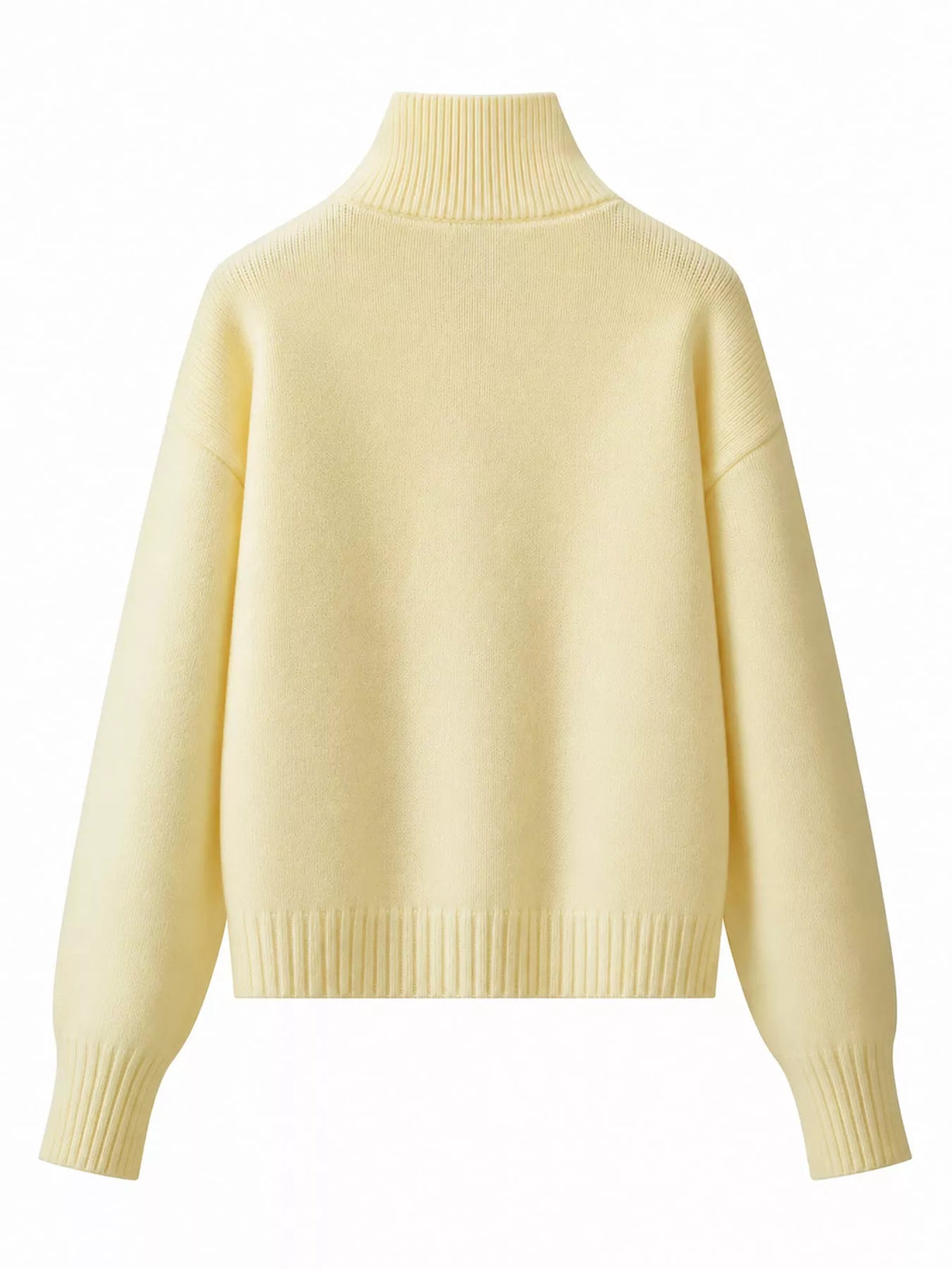 Light Yellow turtleneck zip-up cardigan, back view