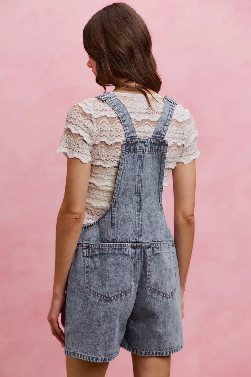 Women's Denim Romper With Adjustable Straps Button Front Acid Wash — product view 3