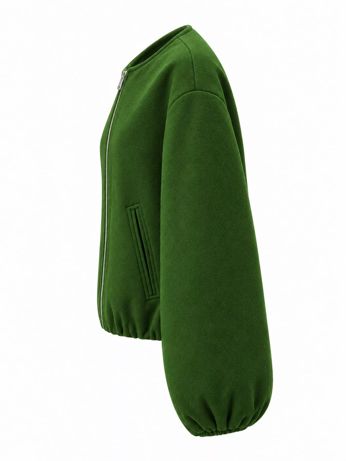 Green zip-up long sleeve jacket — side view
