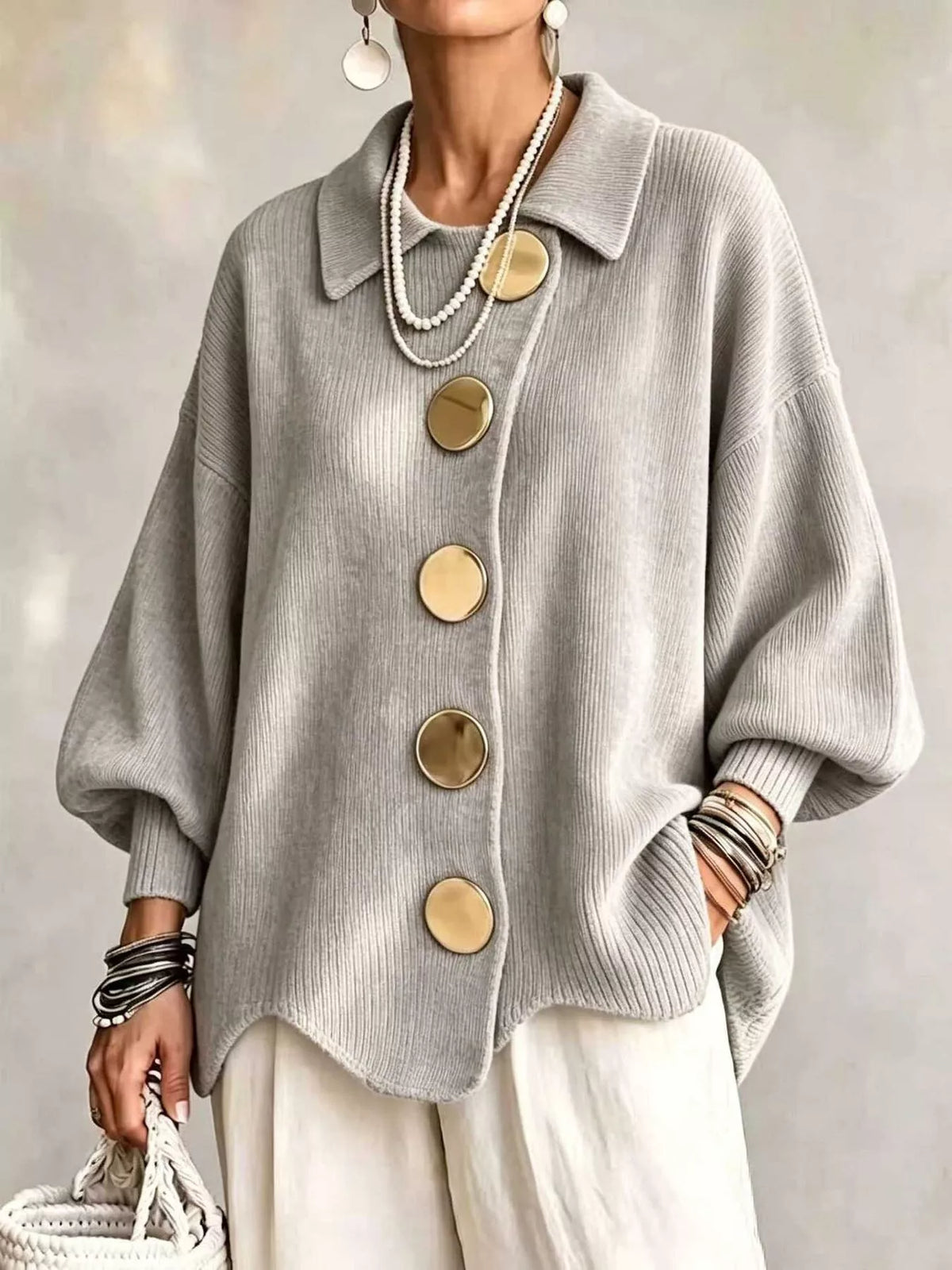 Women's Ribbed Knit Gold Buttons Cardigan in light gray — front view
