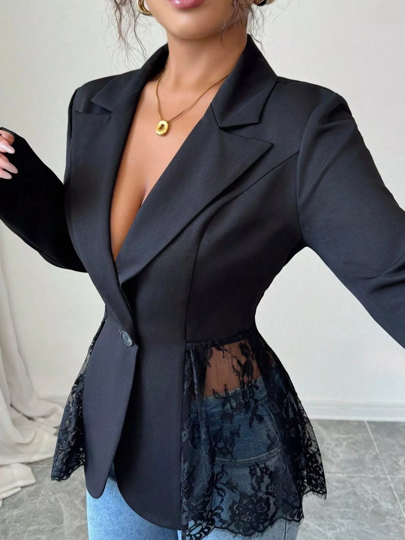 Trendsi Lace Detail One Button Blazer -
