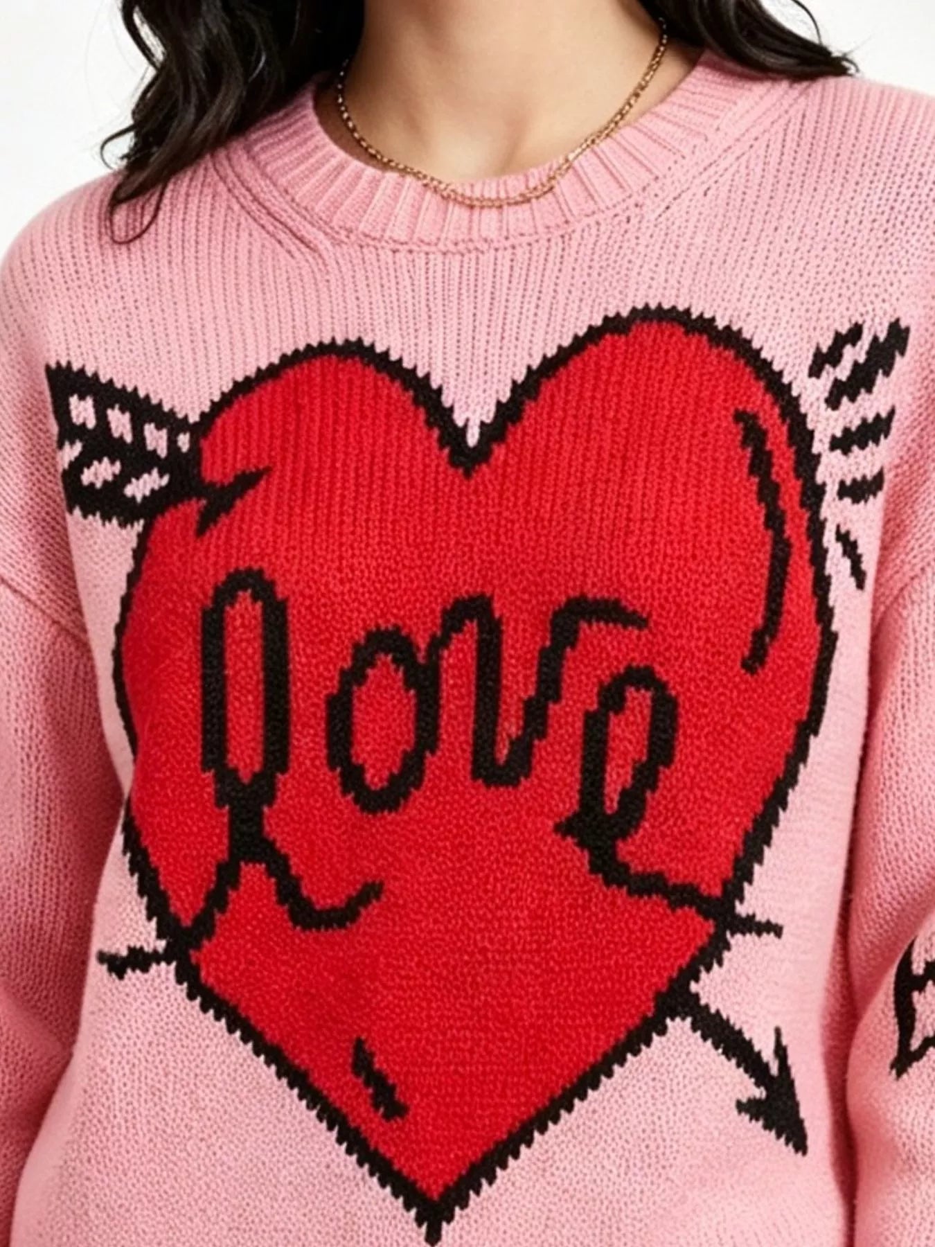 Trendsi Heart Round Neck Ribbed Sweater -