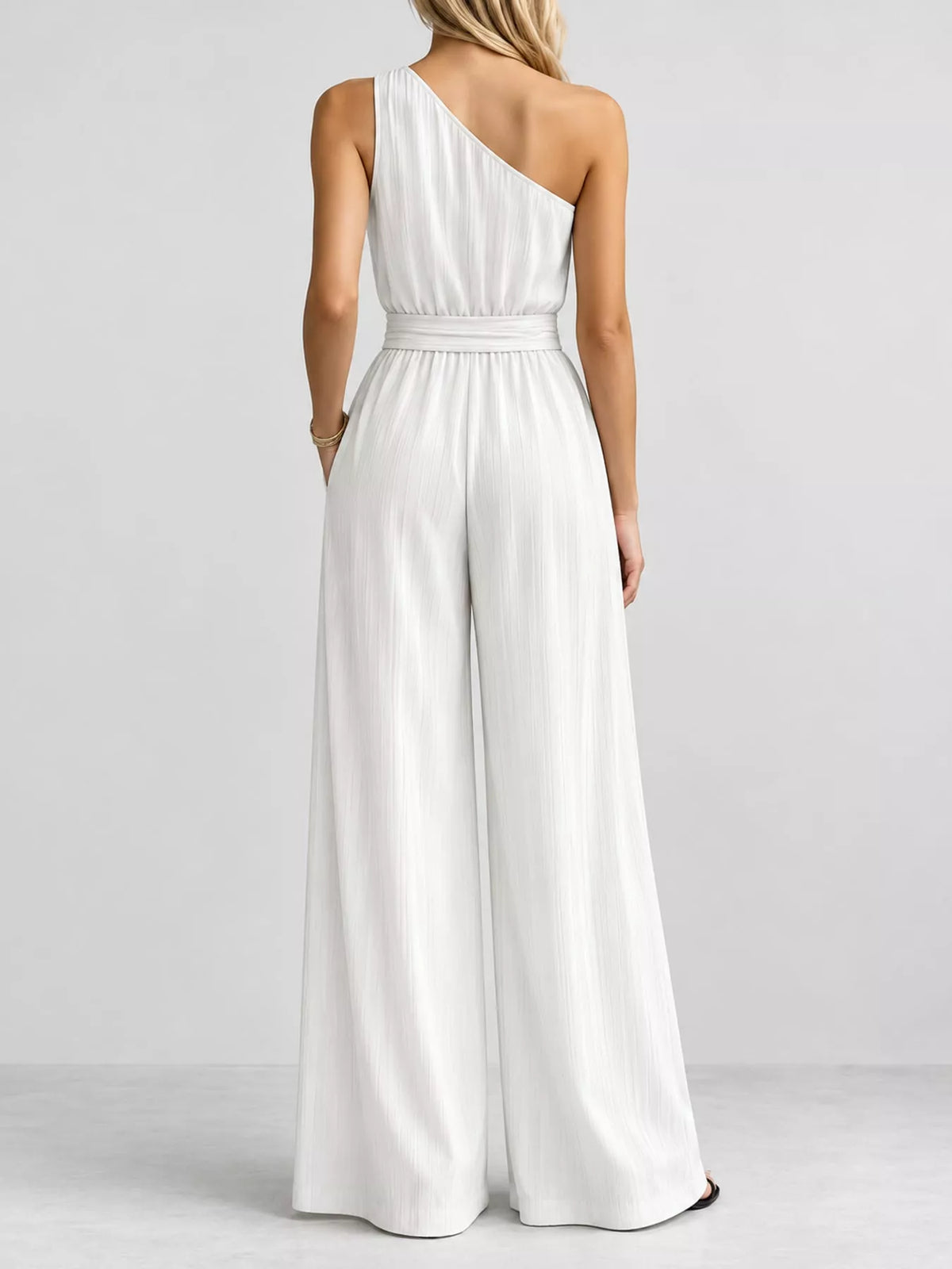 One-Shoulder Wide-Leg Jumpsuit in white, back view