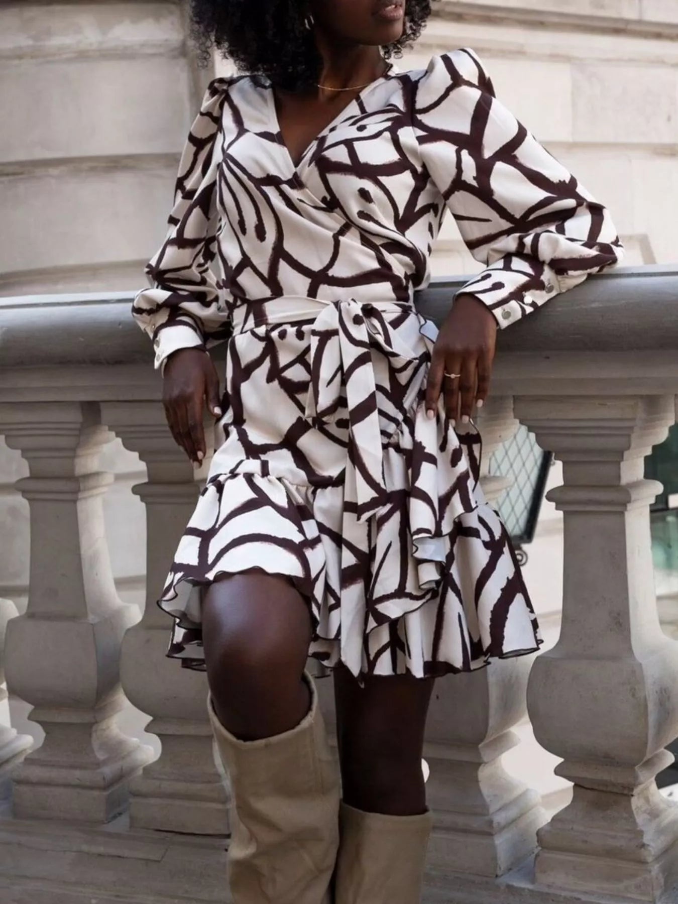 Trendsi Printed Surplice Long Sleeve Wrap Mini Dress -