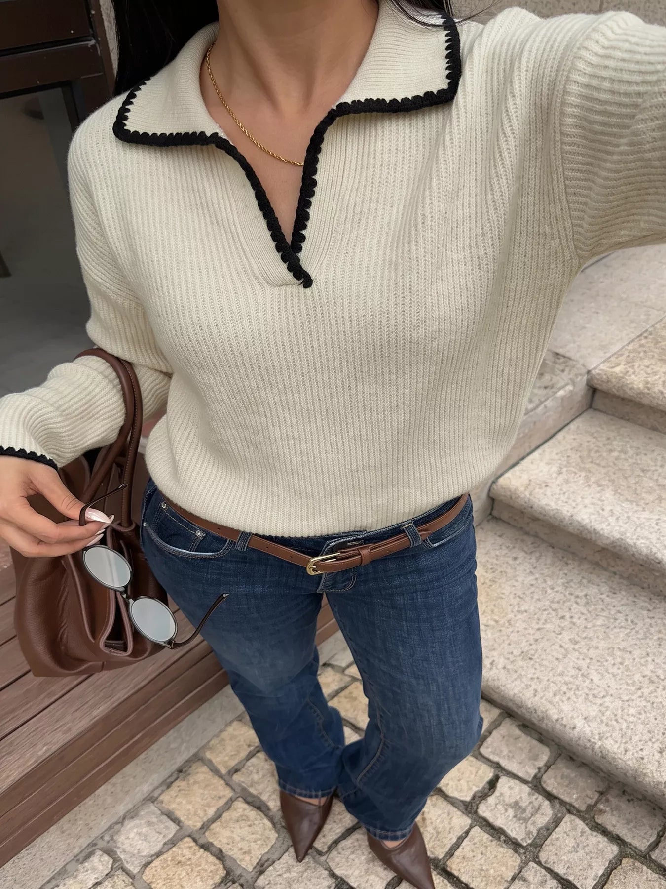 Trendsi Contrast Trim Dropped Shoulder Sweater -