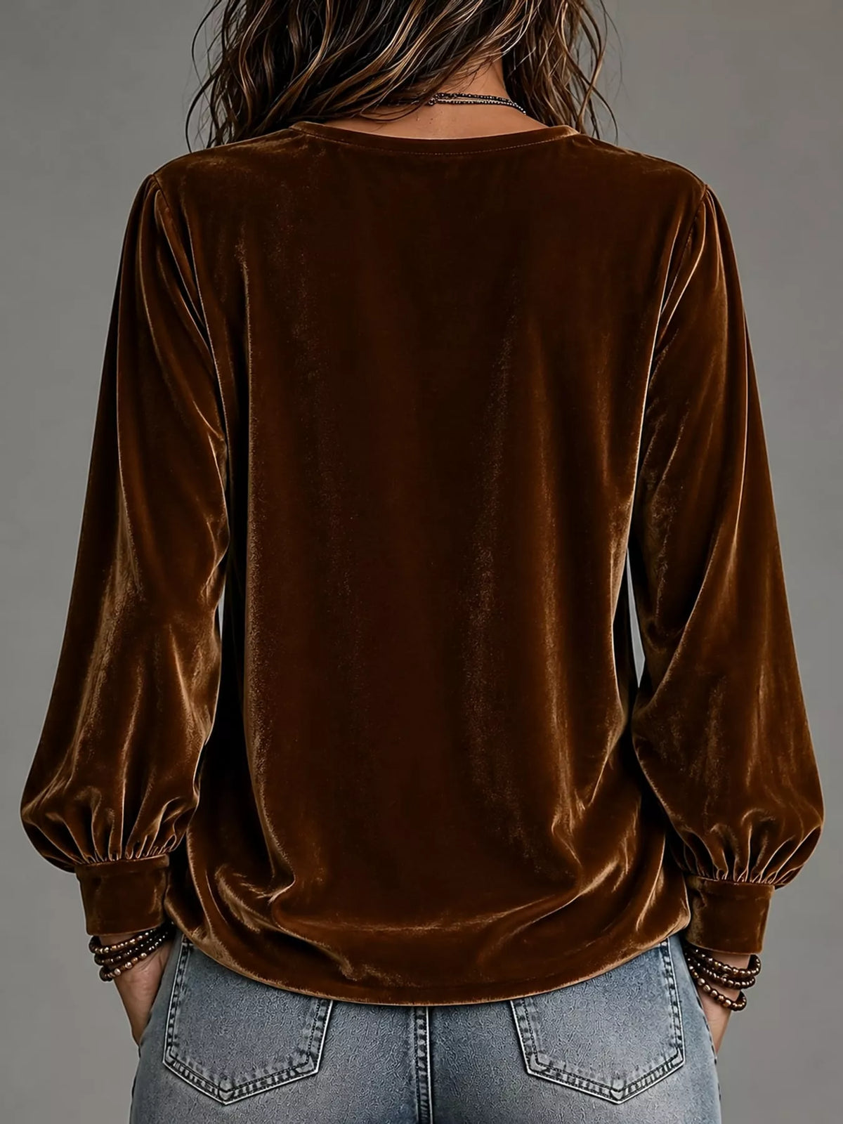 Brown front bow-tie V-neck top, back view