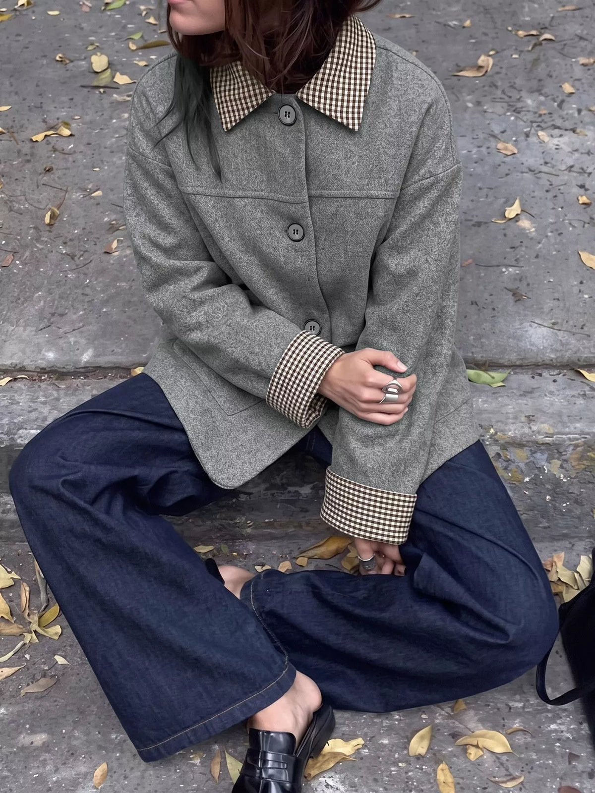 Gray gingham-trim button-down jacket
