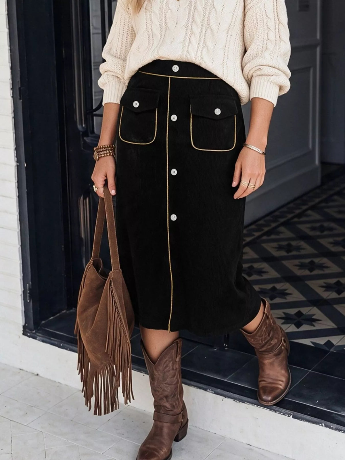 Black corduroy button-front midi skirt, angled front view