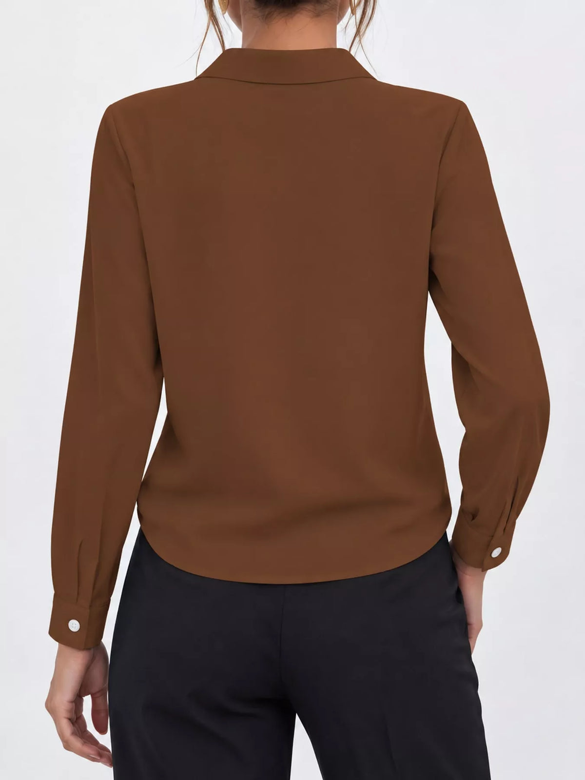 Women's Collared Clasp Detail Long Sleeve Satin Blouse in brown — back view