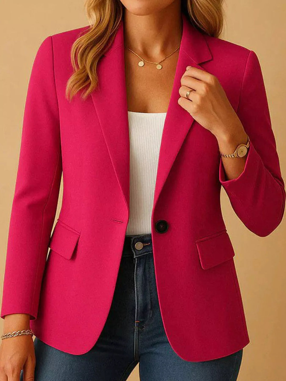 Collared long sleeve blazer, front view on model