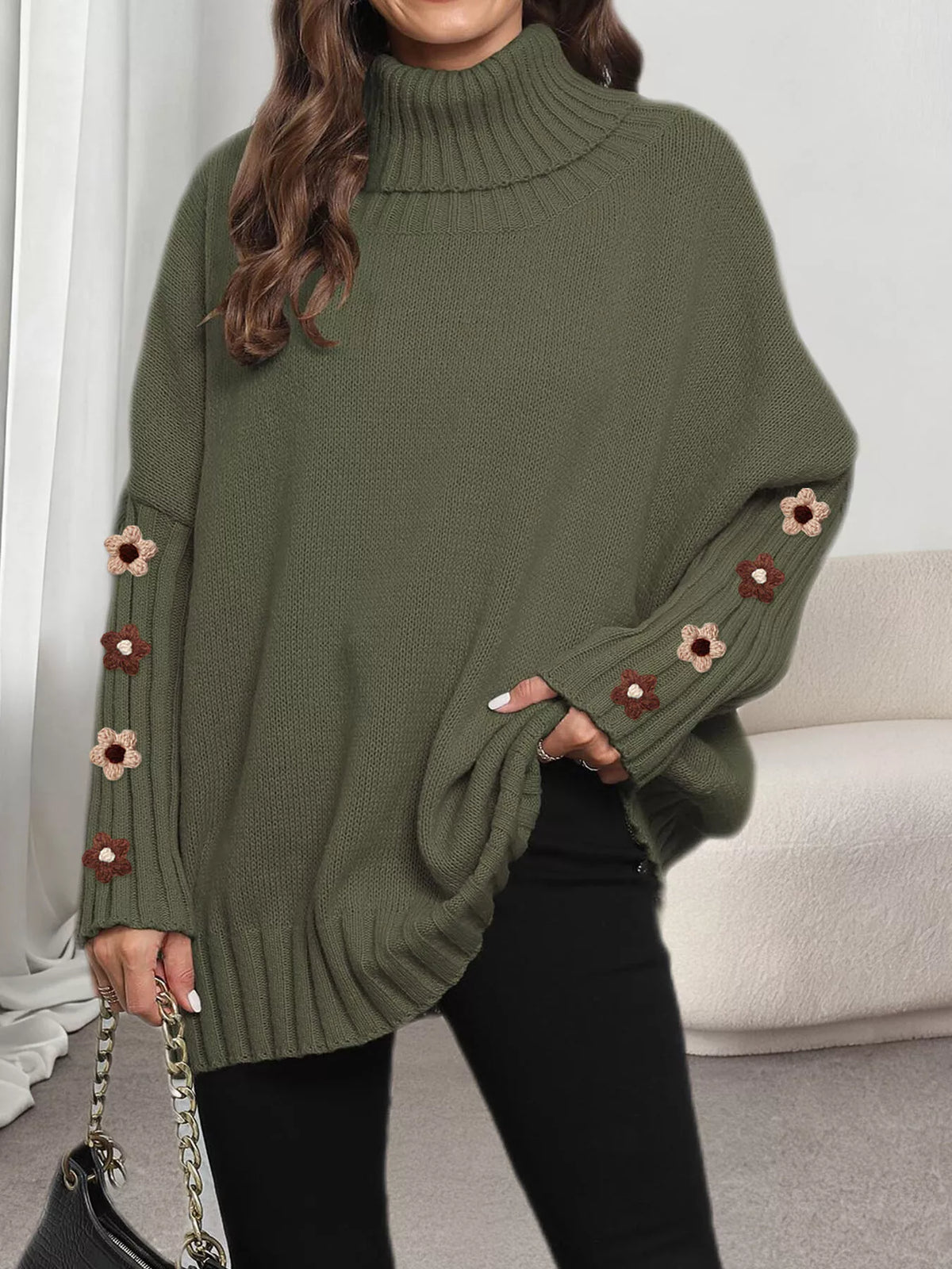 Olive green oversized floral sleeve turtleneck sweater, front view