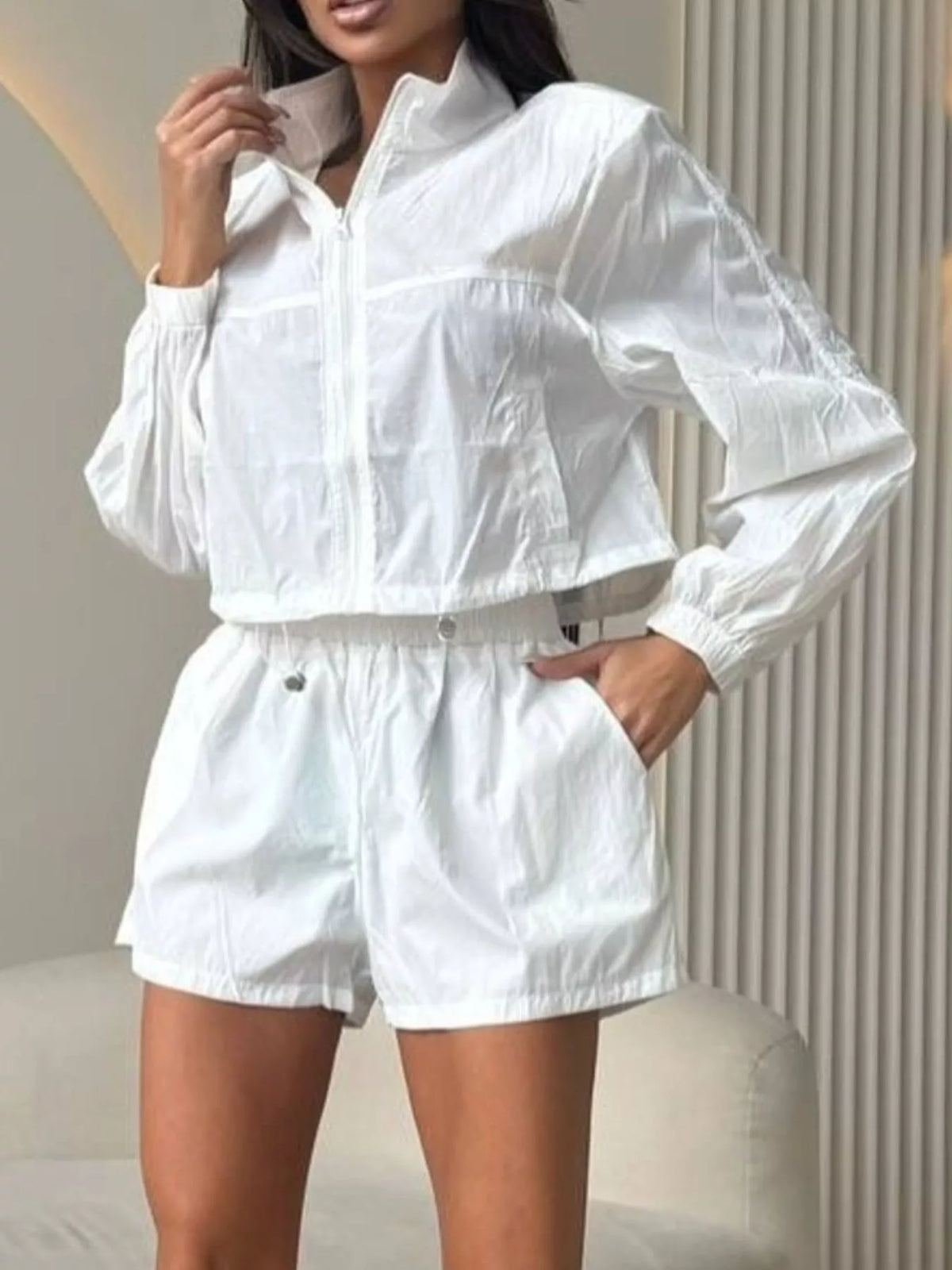 Trendsi Zip-Up Crop Jacket and High-Waisted Shorts Set -