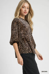 Trendsi Umgee Leopard Round Neck Three-Quarter Sleeve Blouse - Shirts