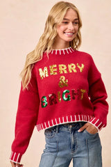 Trendsi BiBi Christmas Theme Sequin Lattering Sweater -