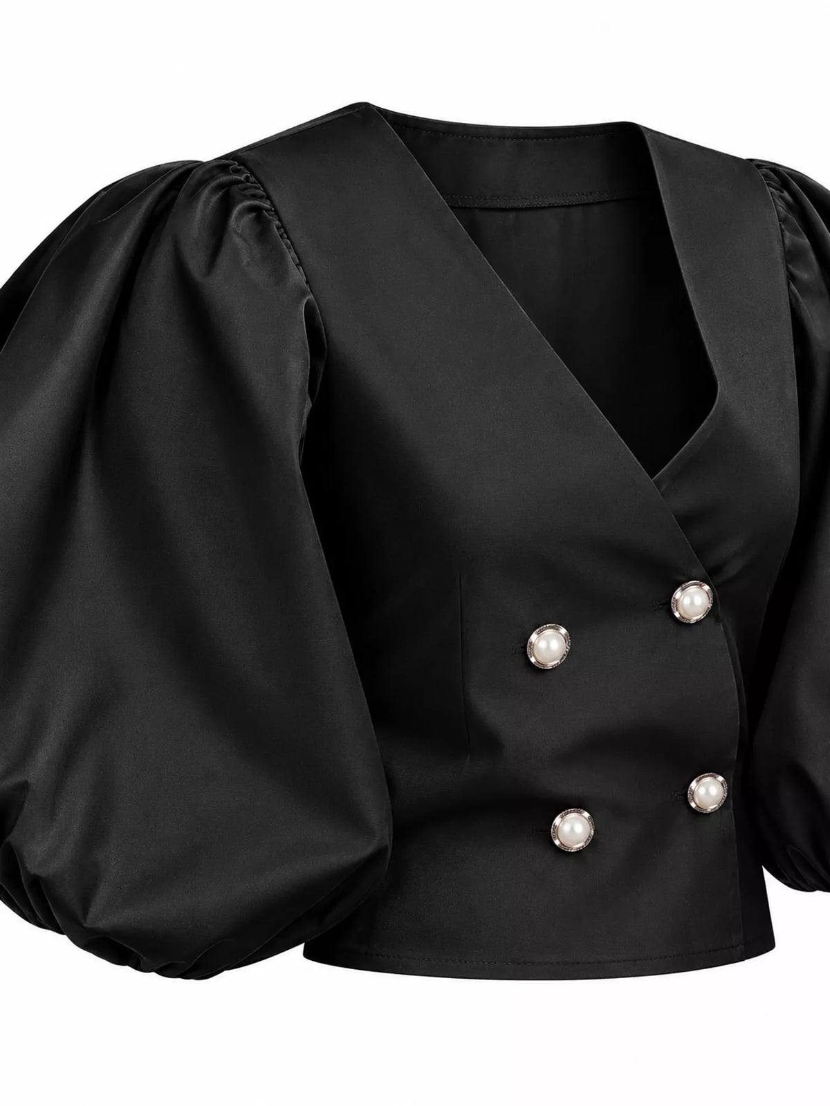 Black double-breasted puff sleeve blouse, sleeve and button detail
