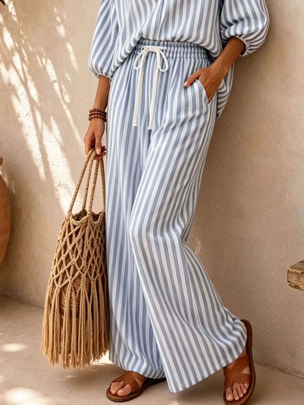 Blue and white striped shirt and drawstring pants set, pants detail