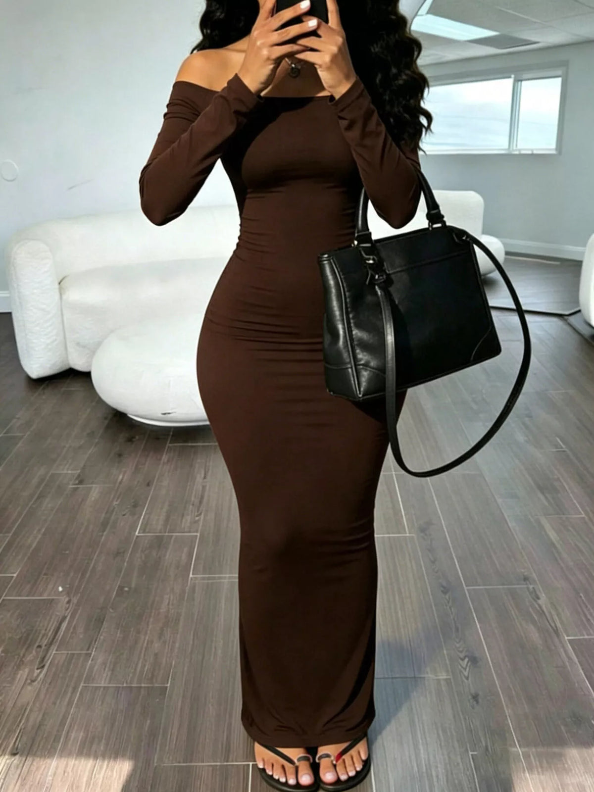 Off-Shoulder Bodycon Maxi Dress in brown, front view