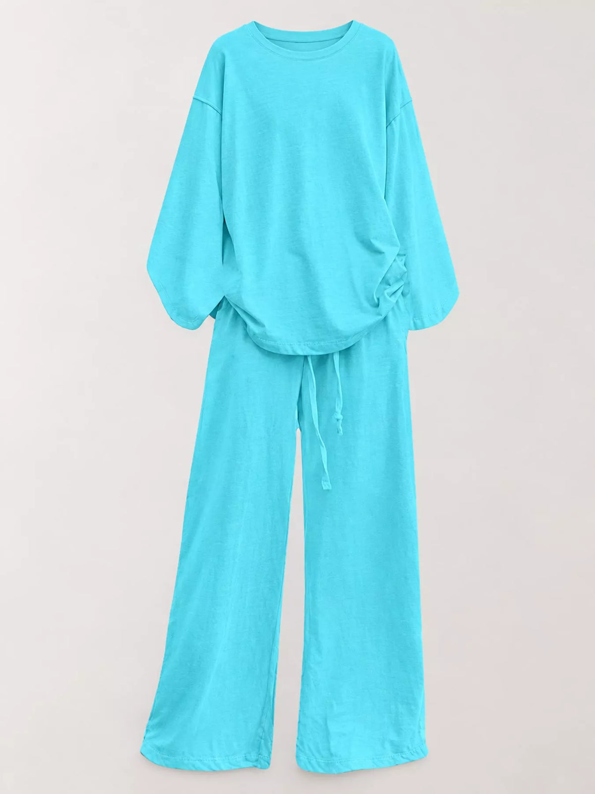 Women's Round Neck Top and Drawstring Wide-Leg Pants Set in turquoise — flat lay view