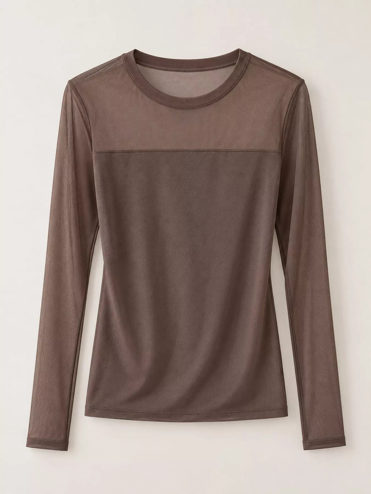 Coffee sheer mesh patchwork long sleeve t-shirt