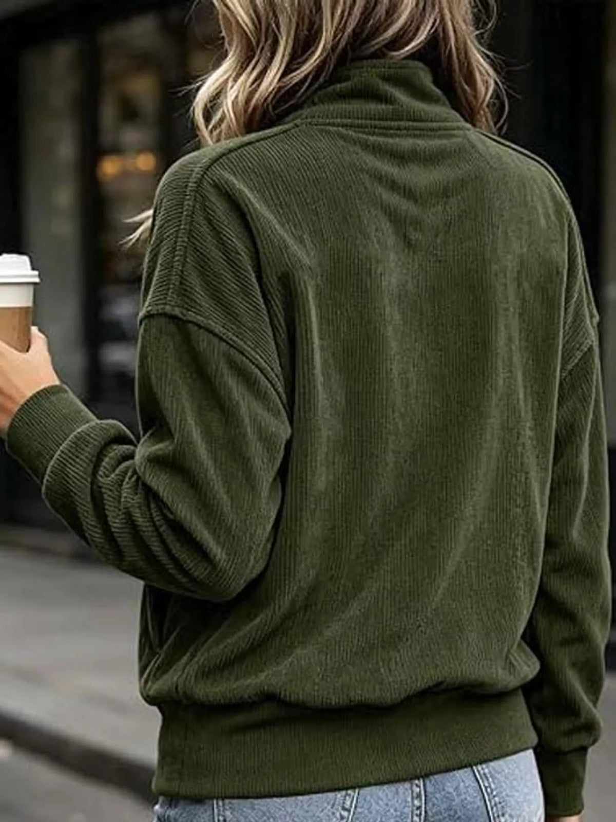 Quarter-snap sweatshirt, olive back