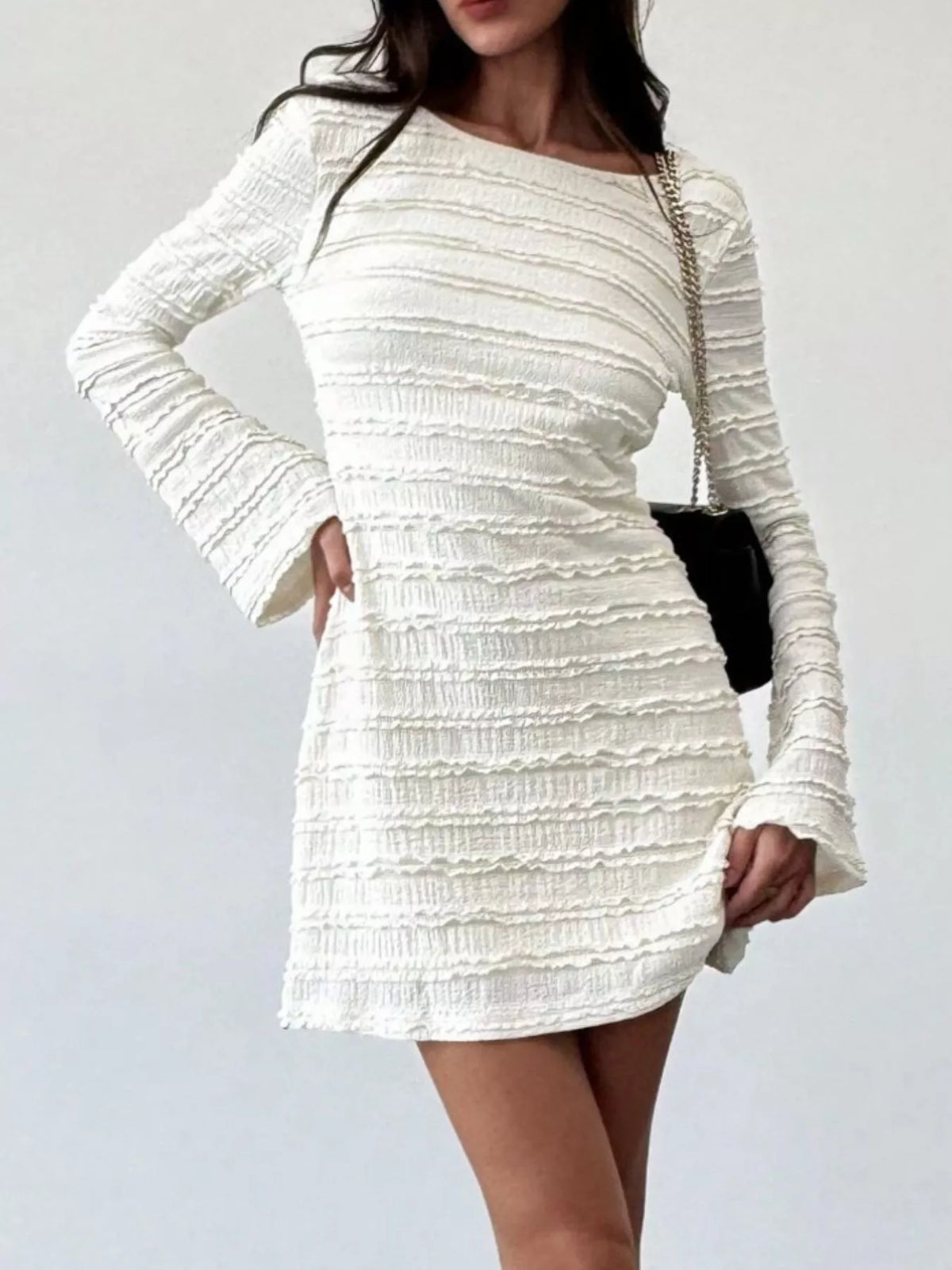 Textured mini dress, ivory angled front