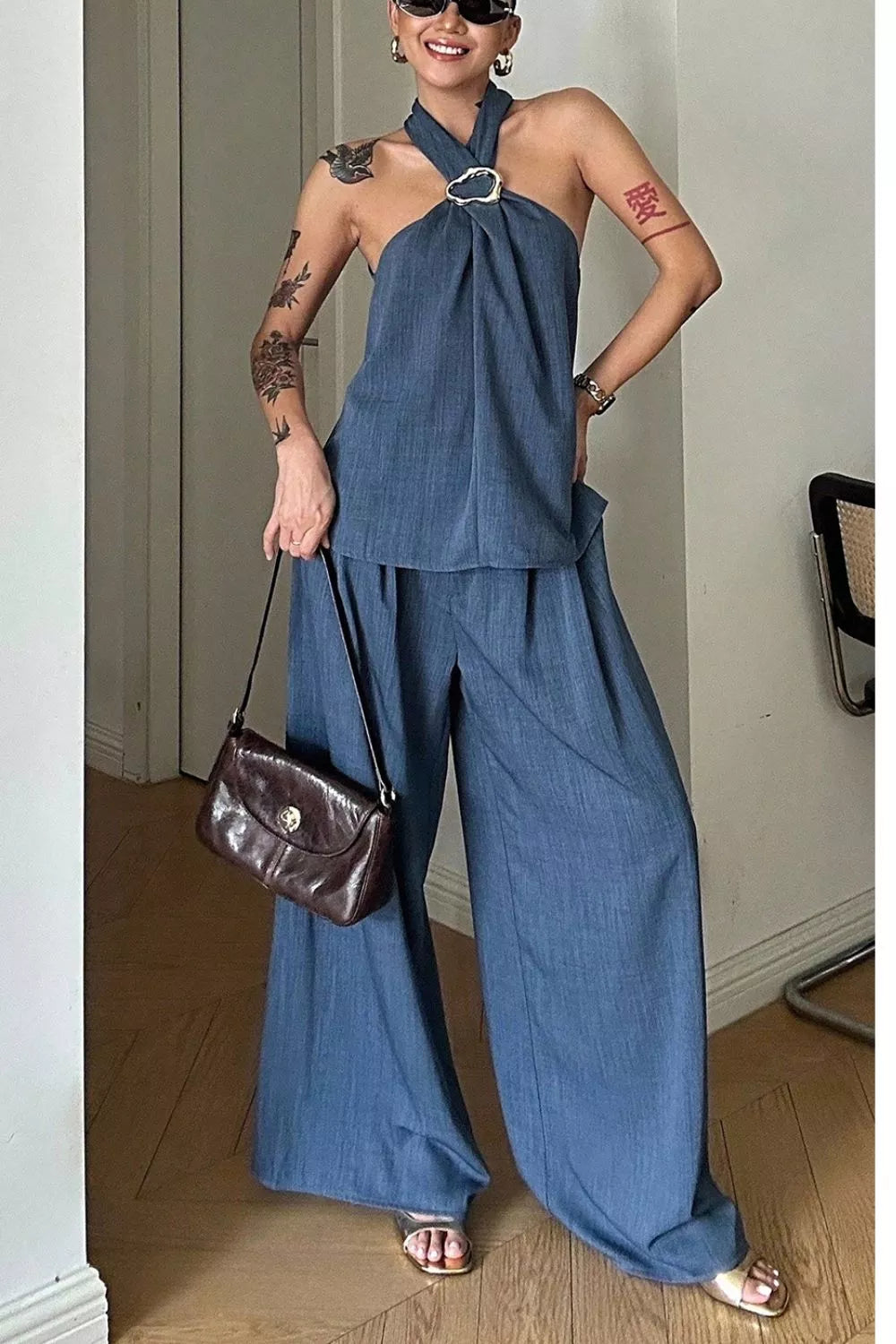 Trendsi Halter Neck Top and Wide-Leg Pants Set -