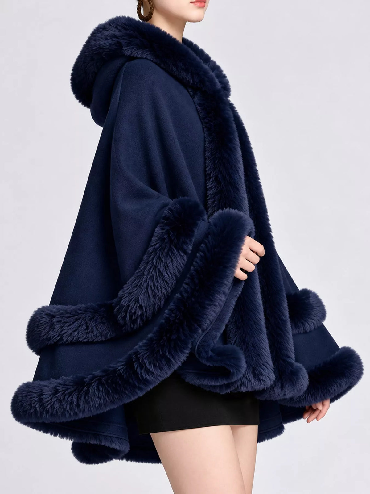 Faux-fur-trim cape, navy side