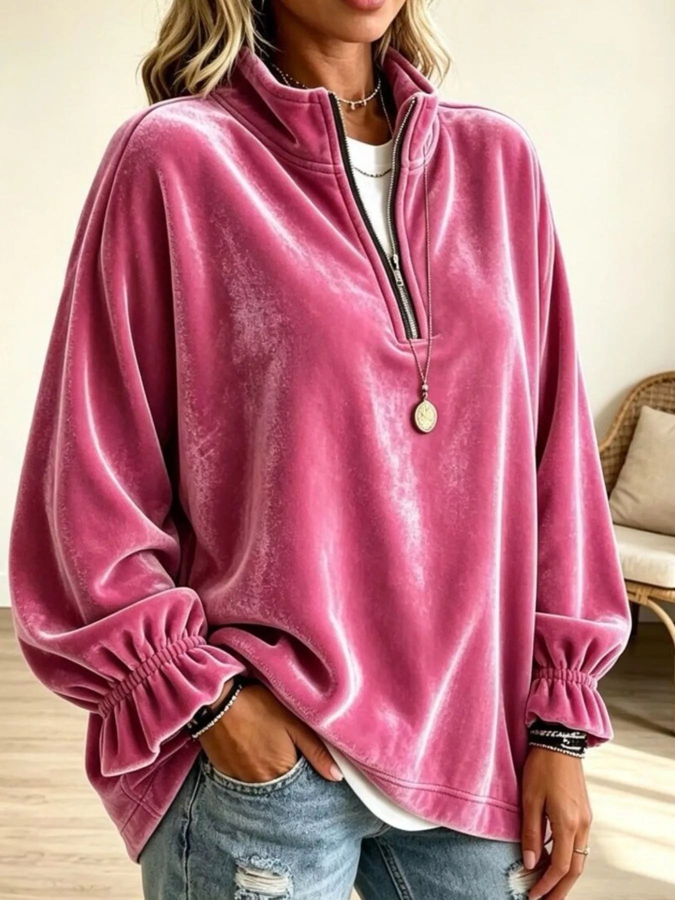 Trendsi Velvet Quarter-Zip Sweatshirt with Ruffled Cuffs -