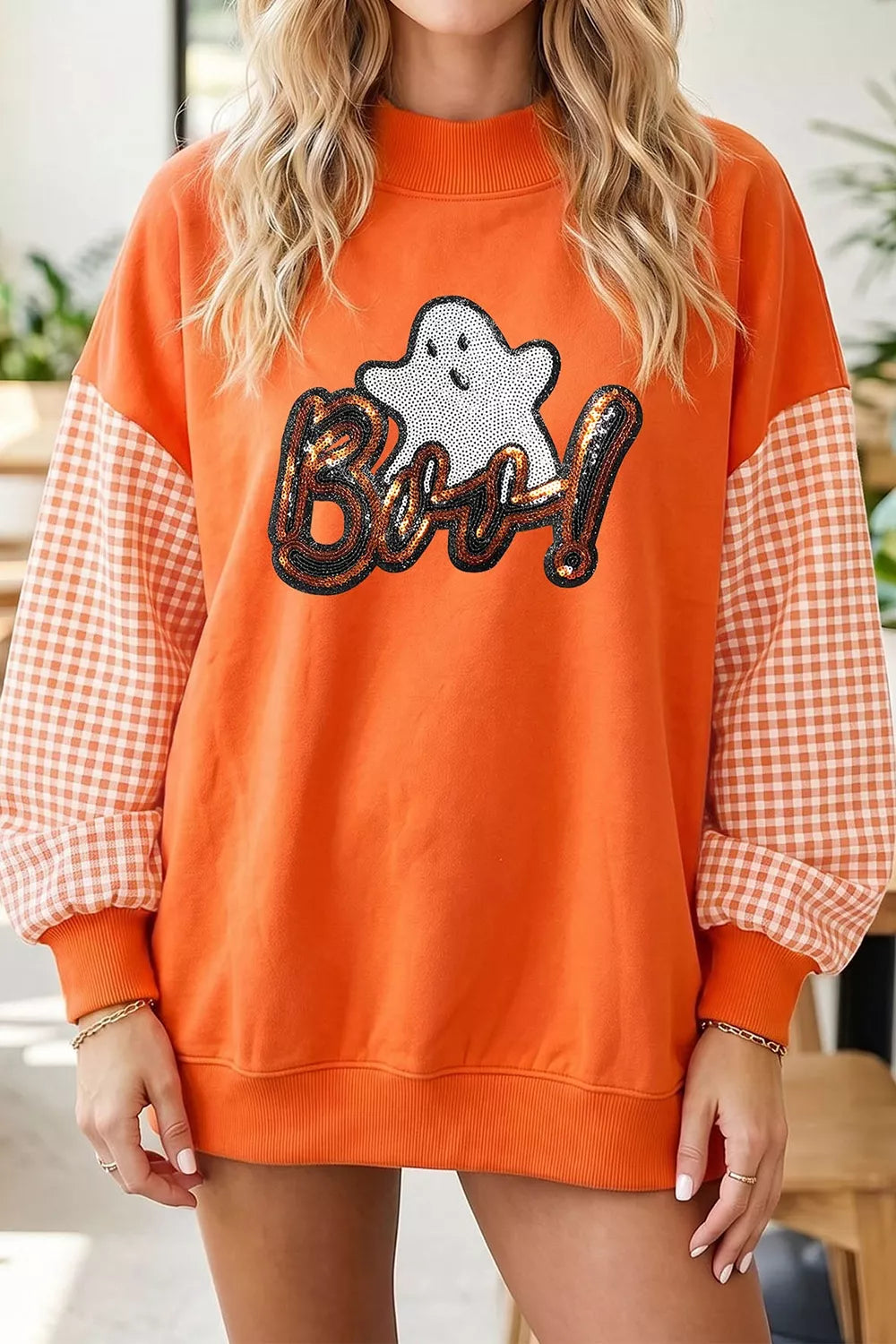 Boo Sequin Ghost Plaid Patchwork Sleeve Halloween Sweatshirt in orange, front view