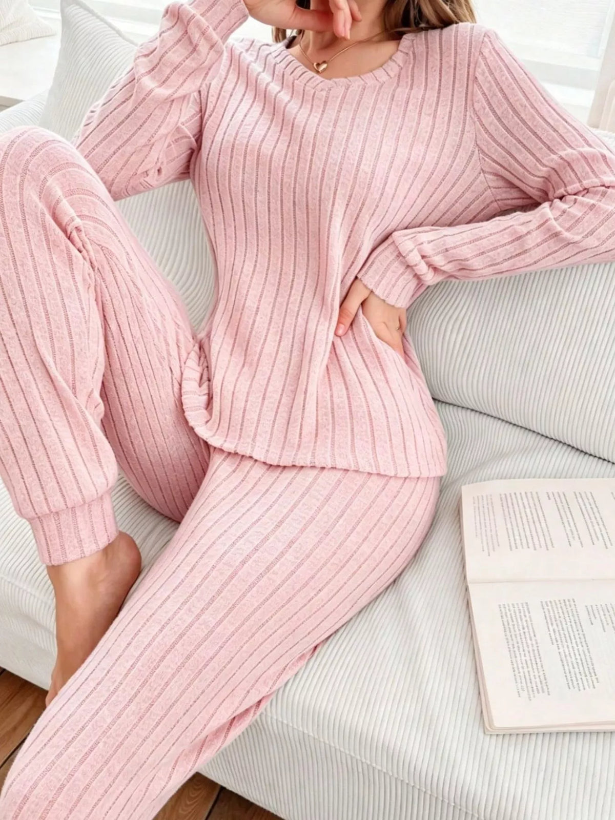 Ribbed Knit Long Sleeve Top and Pants Loungewear Set — front view
