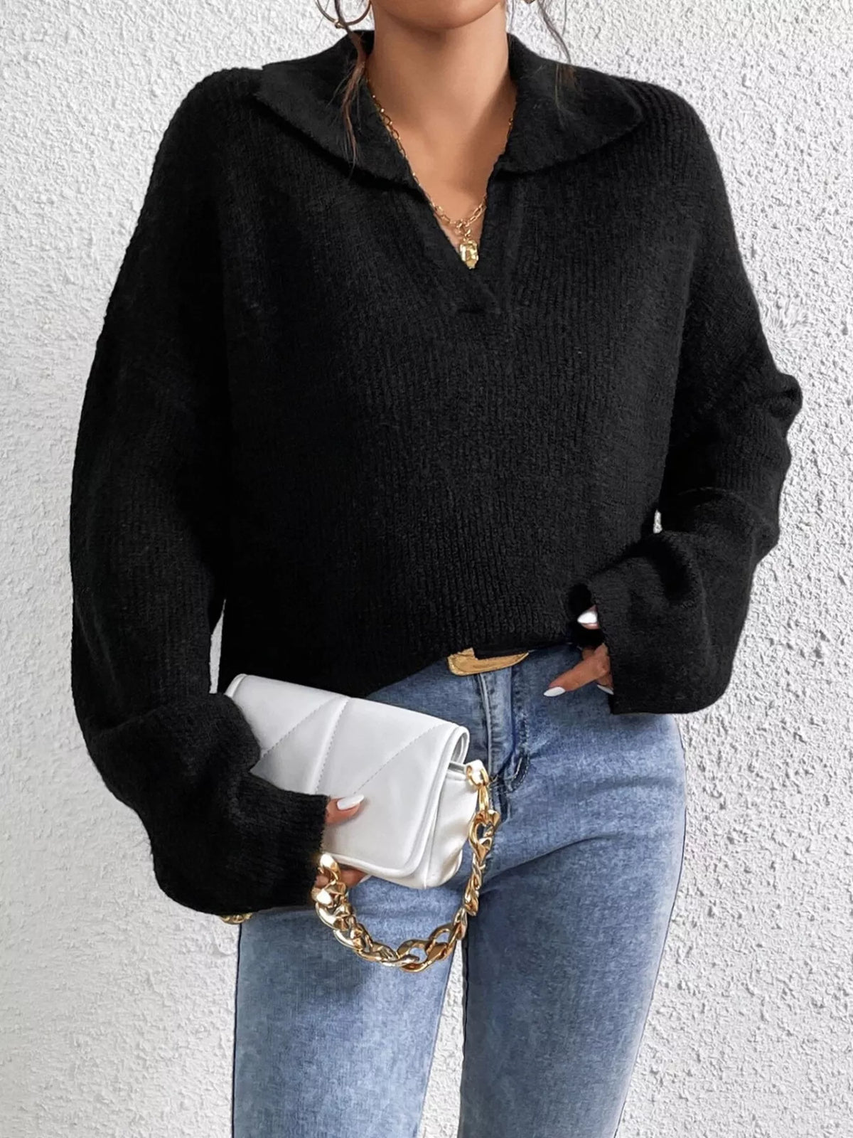 Black Ribbed Knit Dropped-Shoulder Collared Sweater front view