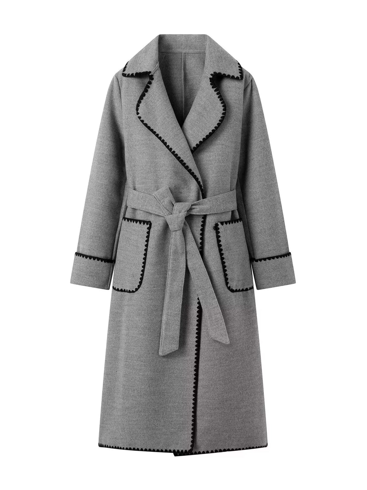 Contrast Scalloped Trim Trench Coat in gray
