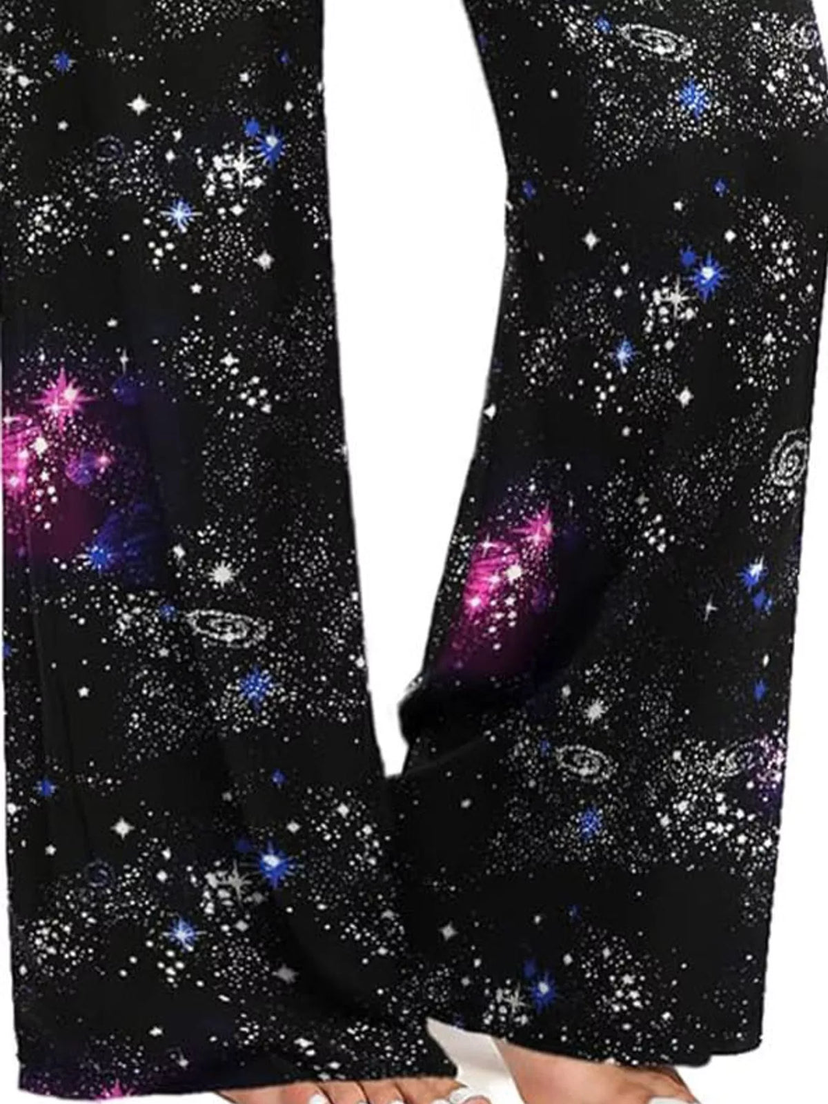 Black galaxy print drawstring wide-leg pants — design and construction details