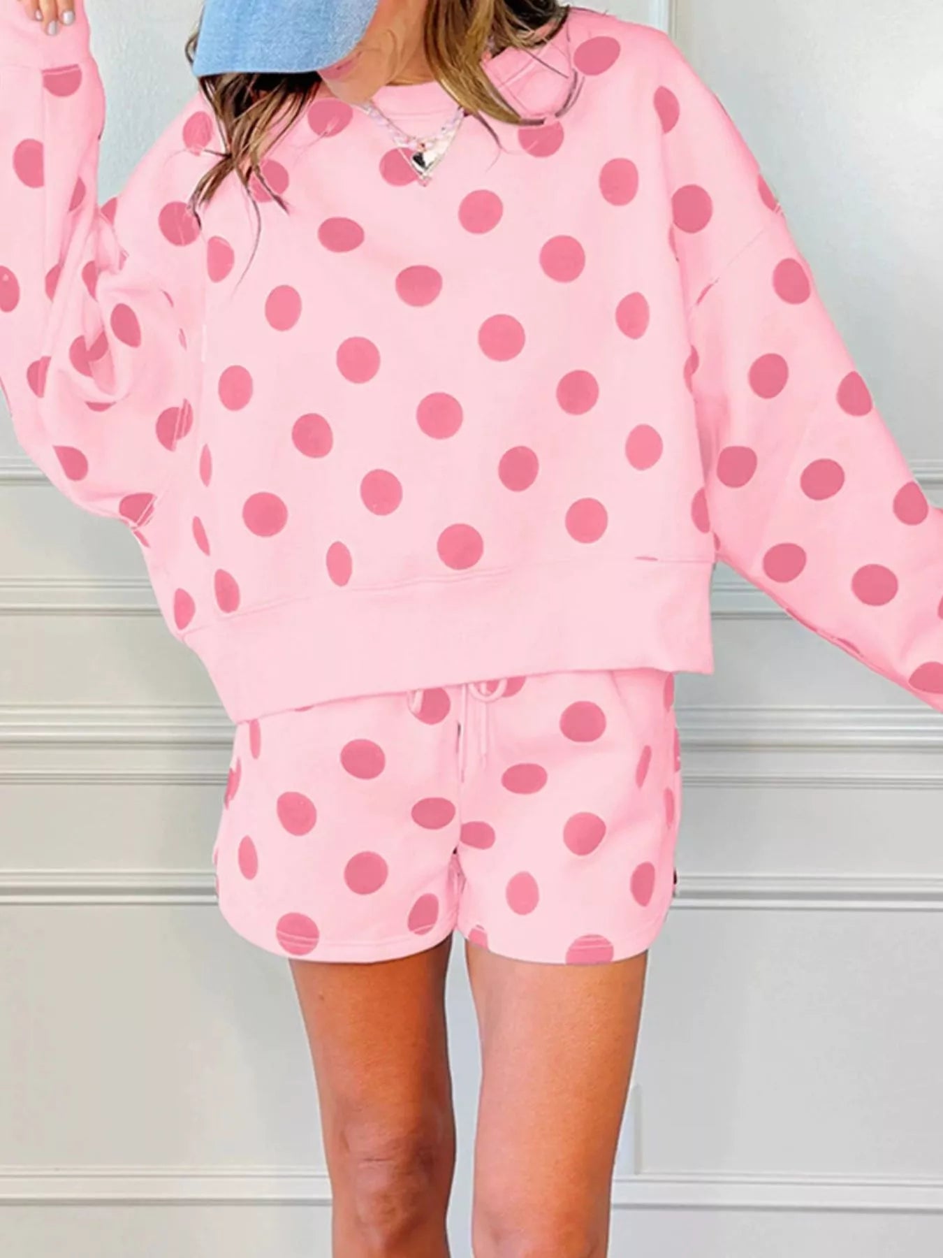 Trendsi Polka Dot Crewneck Sweatshirt and Shorts Set -