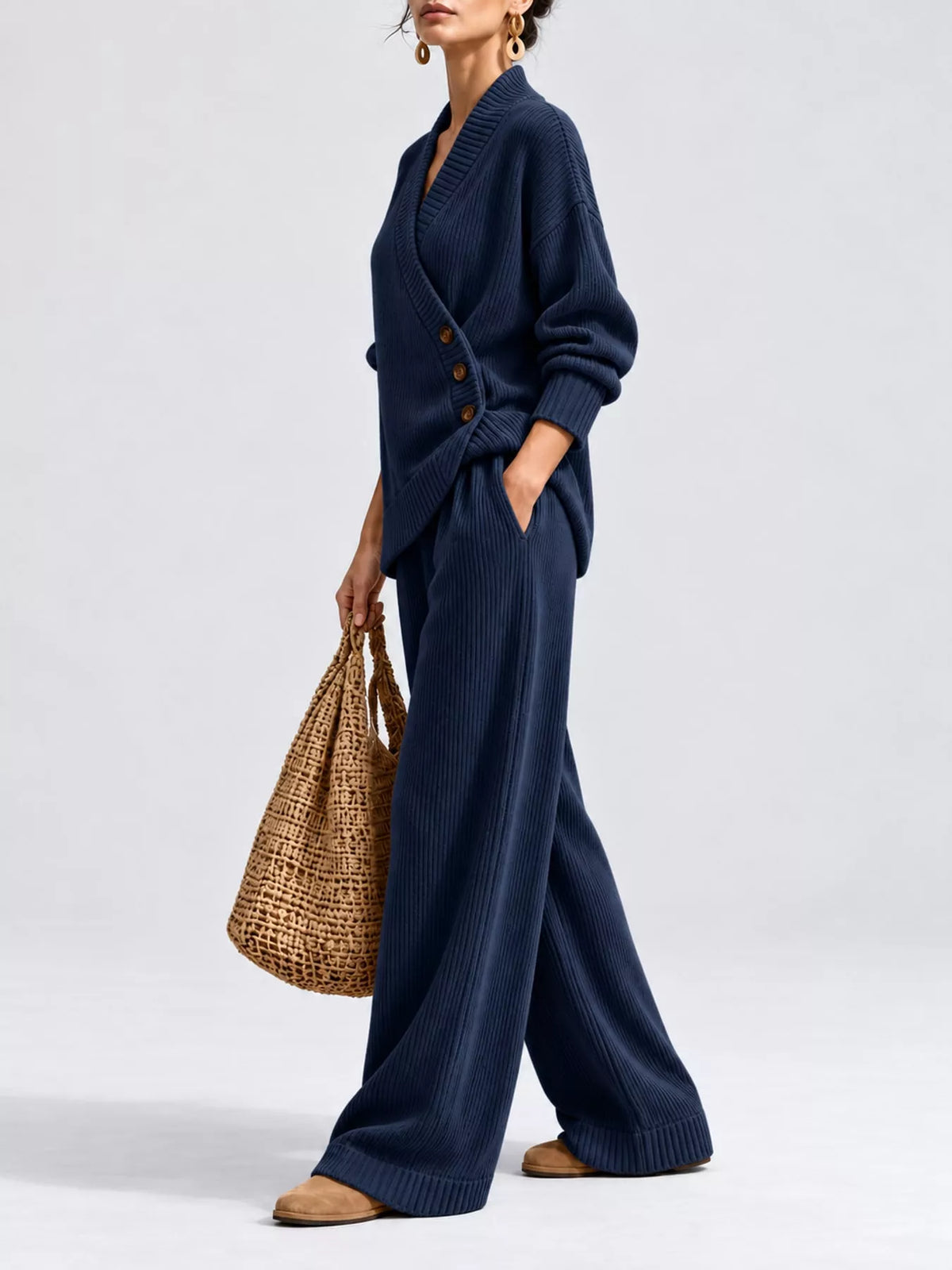 V-Neck Wrap Sweater and Wide-Leg Pants Set — side view