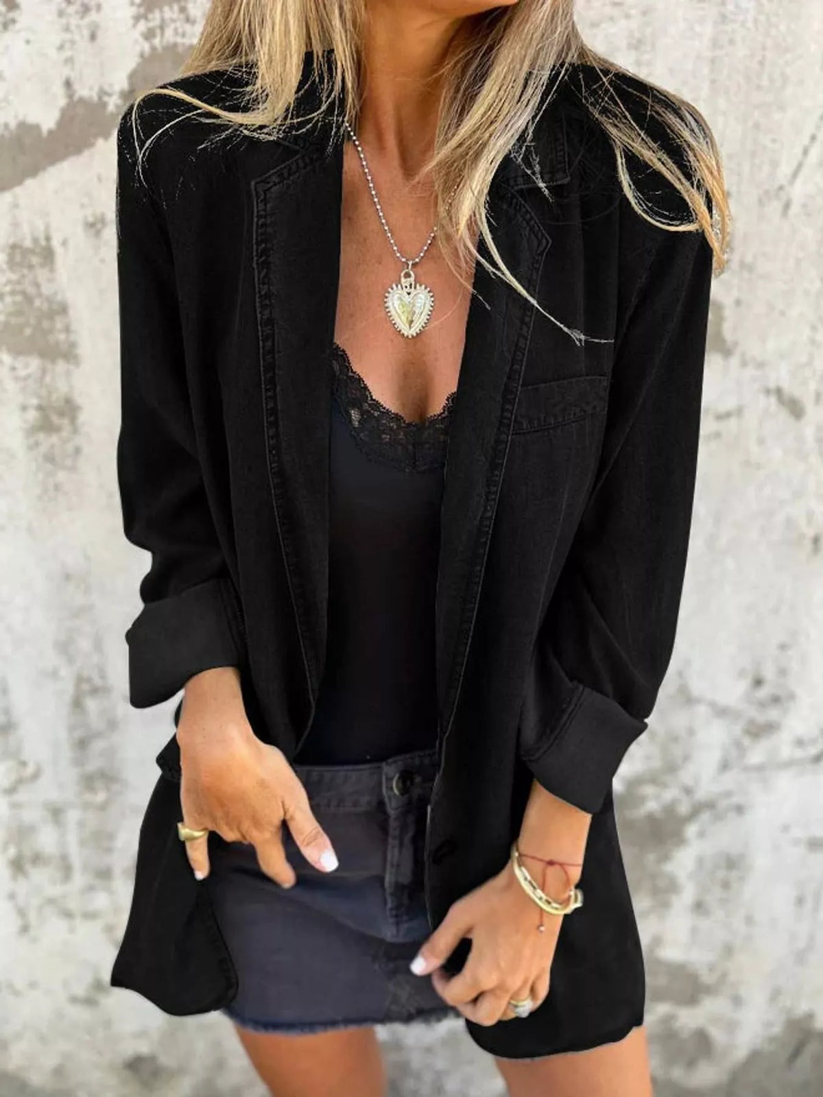 Lapel Collar Long Sleeve Denim Blazer in black