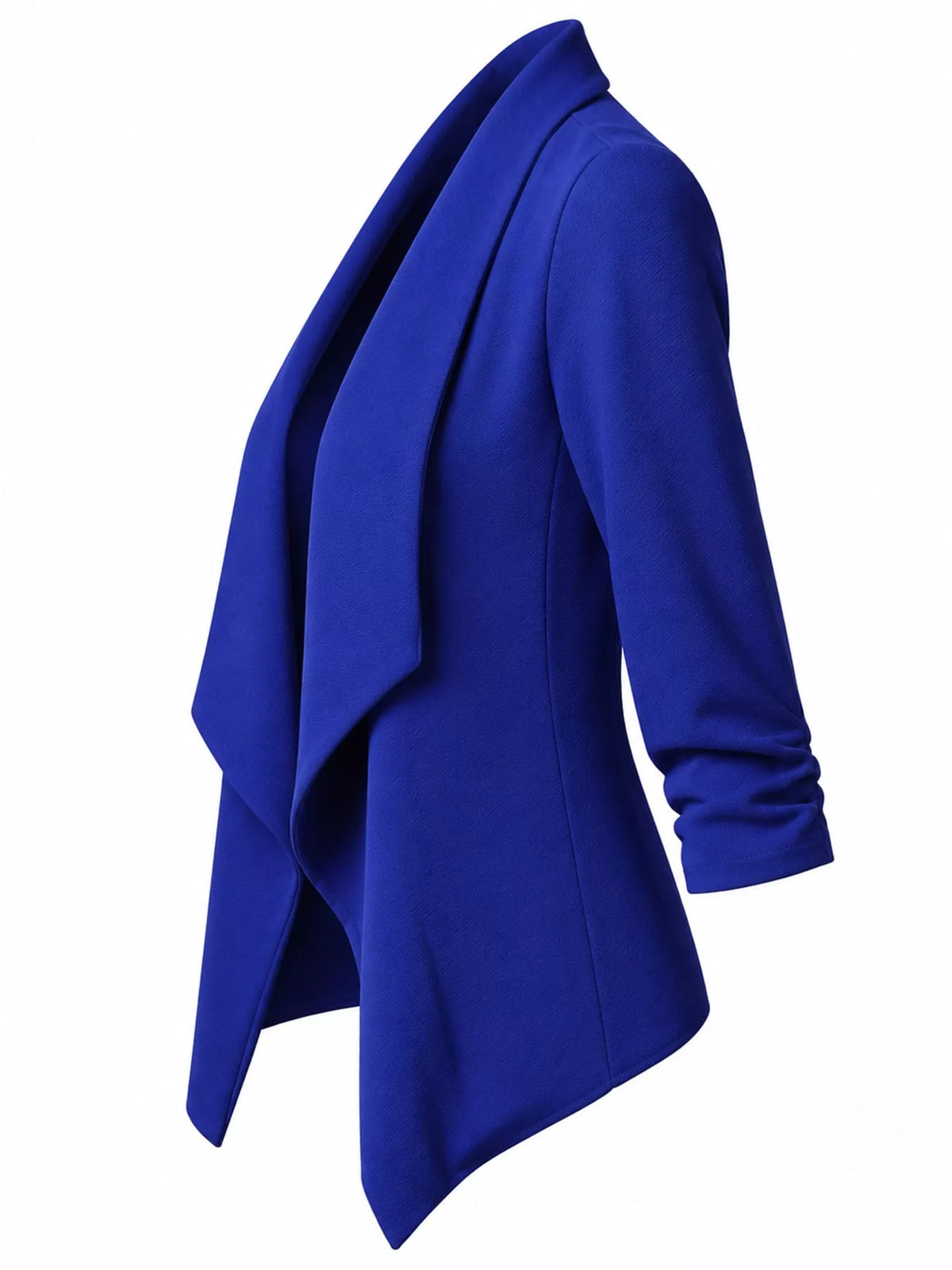 Blue open-front blazer with ruched 3/4 sleeves, side view