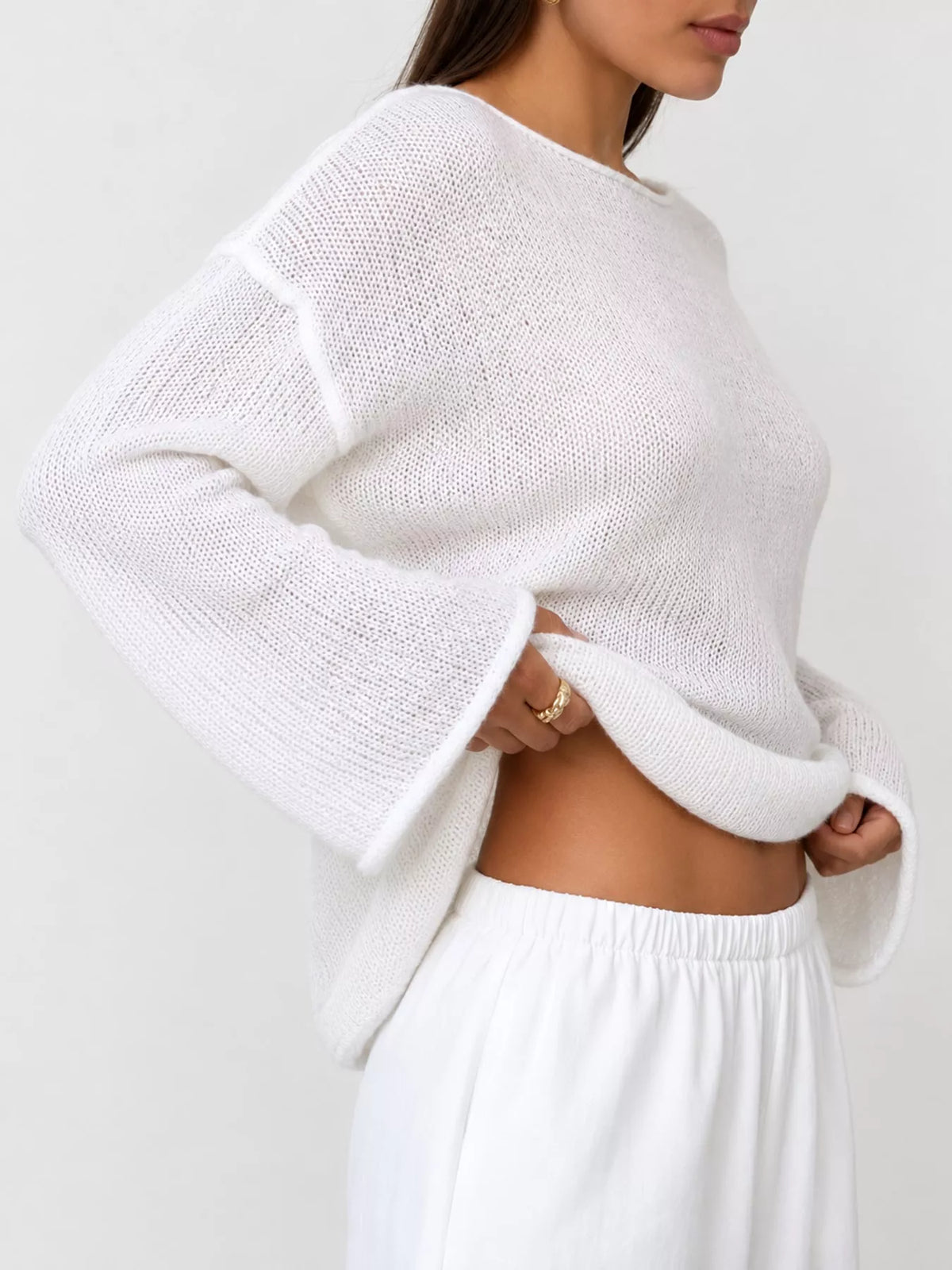 White sheer openwork knit long sleeve top